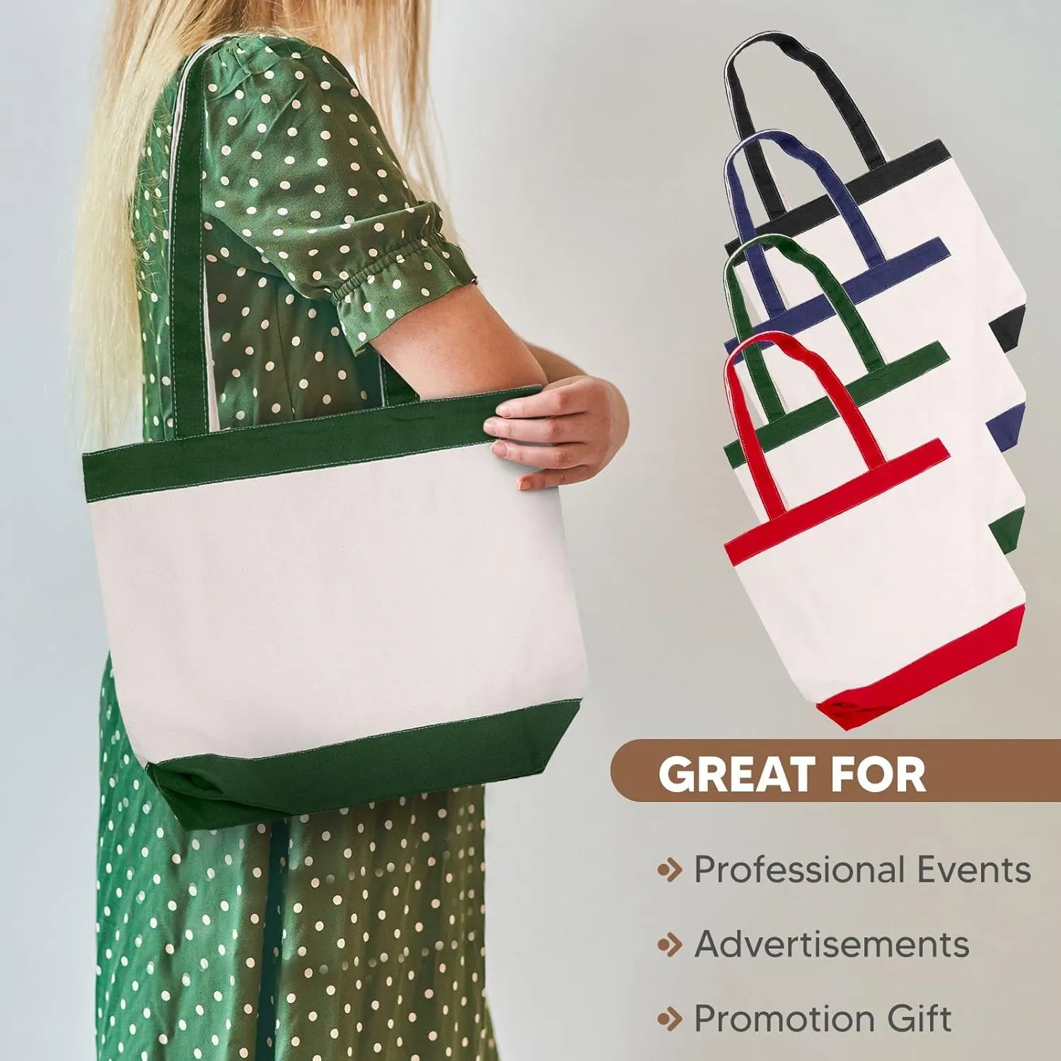 Canvas Tote Bag with Handles for Woman, Reusable Cloth Bag for Groceries and Shopping In Bulk - Blank Cotton Tote Bag, Suitable for DIY Projects HEAVY DUTY, 16"X14.5" With 4” Gusset, Green 4 Pack