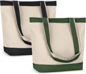 Canvas Tote Bags for Women - Large Aesthetic Eco-Friendly Reusable Grocery & Beach Tote, 16X14.5X4' Hunter Green/Black 2pk