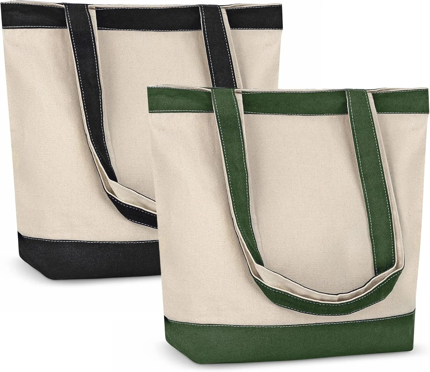 Canvas Tote Bags for Women - Large Aesthetic Eco-Friendly Reusable Grocery & Beach Tote, 16X14.5X4' Hunter Green/Black 2pk