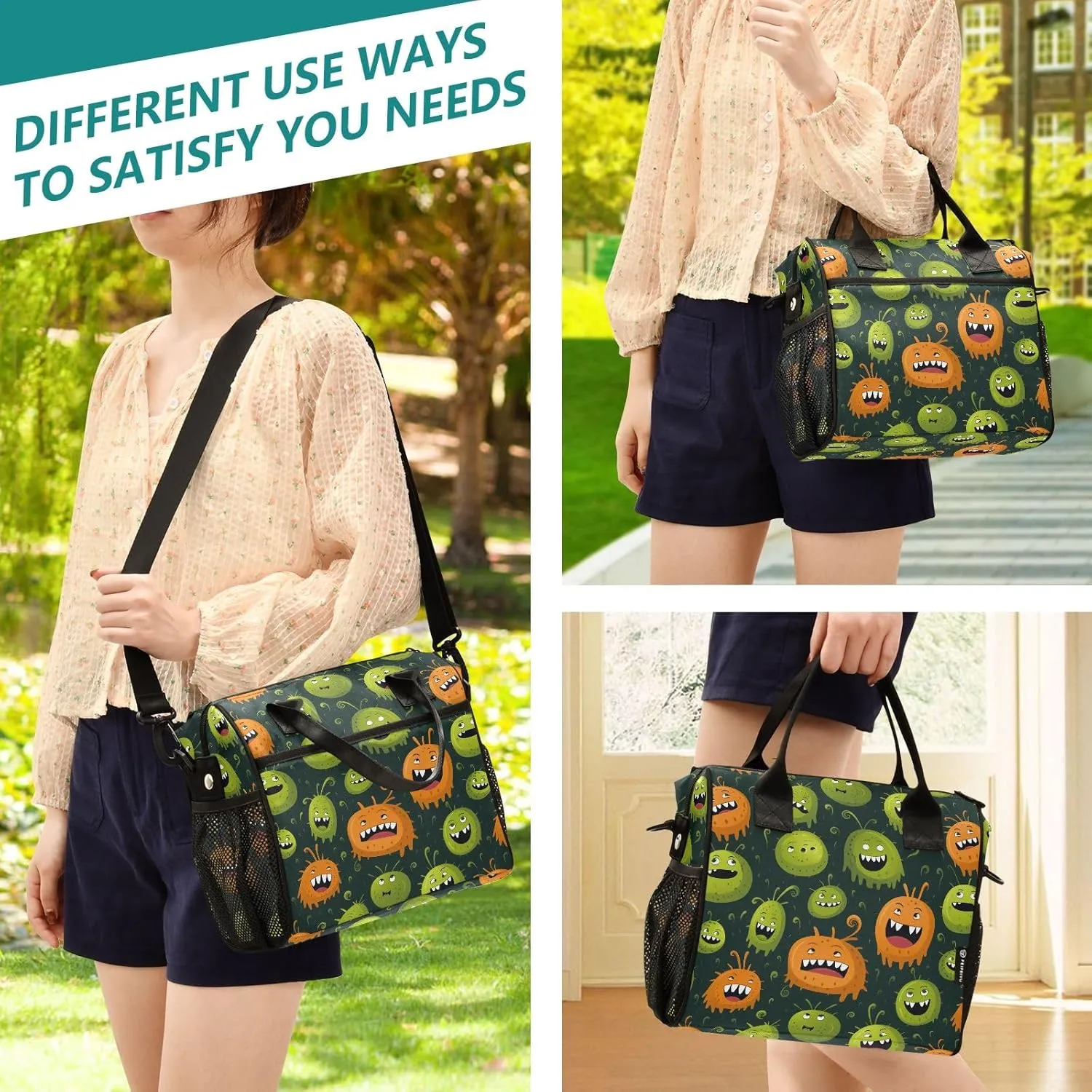 Cartoon Bacteria Pattern Women Cooler Bags Lunch Bag Reusable Insulated Lunch Bags Crossbody with Shoulder Strap