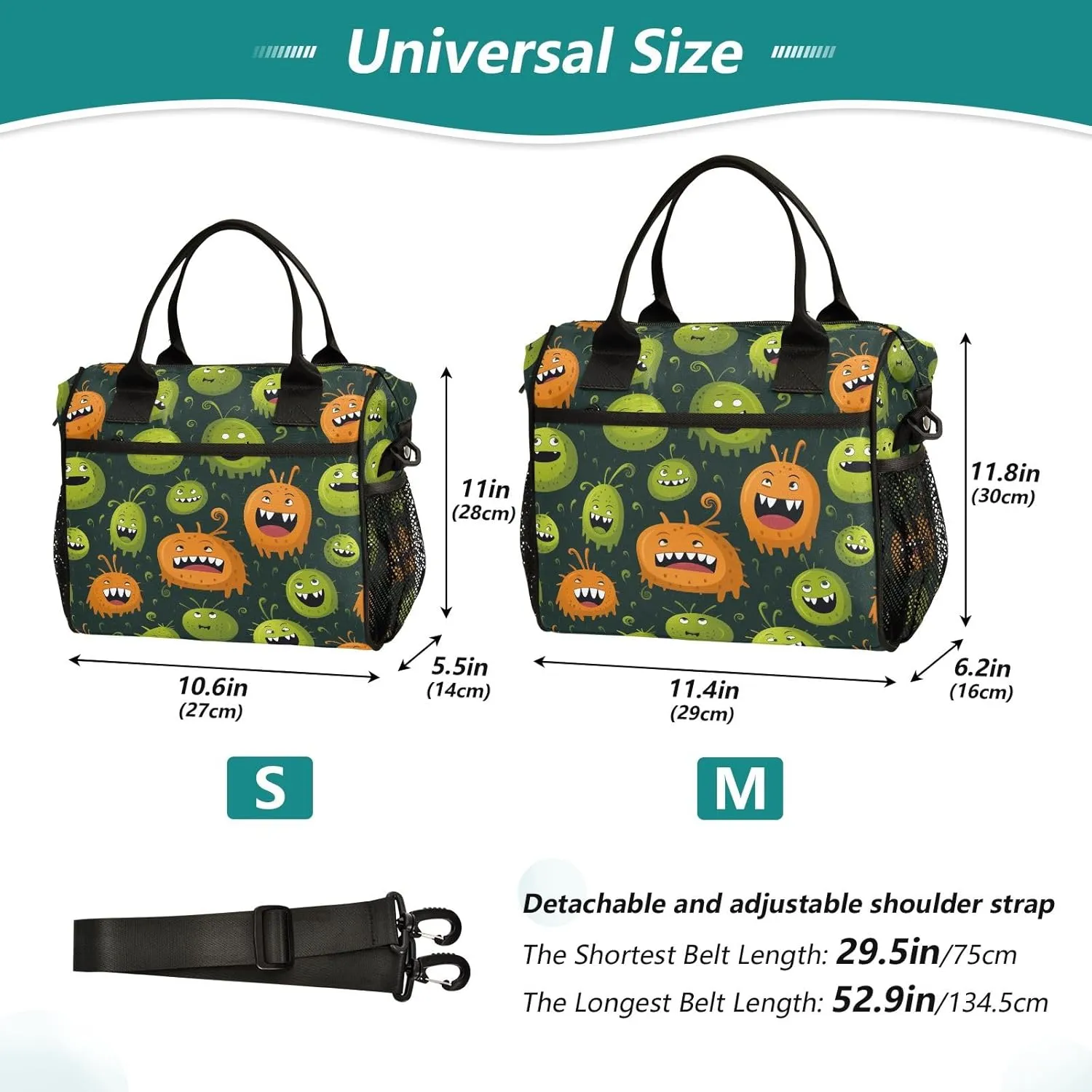 Cartoon Bacteria Pattern Women Cooler Bags Lunch Bag Reusable Insulated Lunch Bags Crossbody with Shoulder Strap