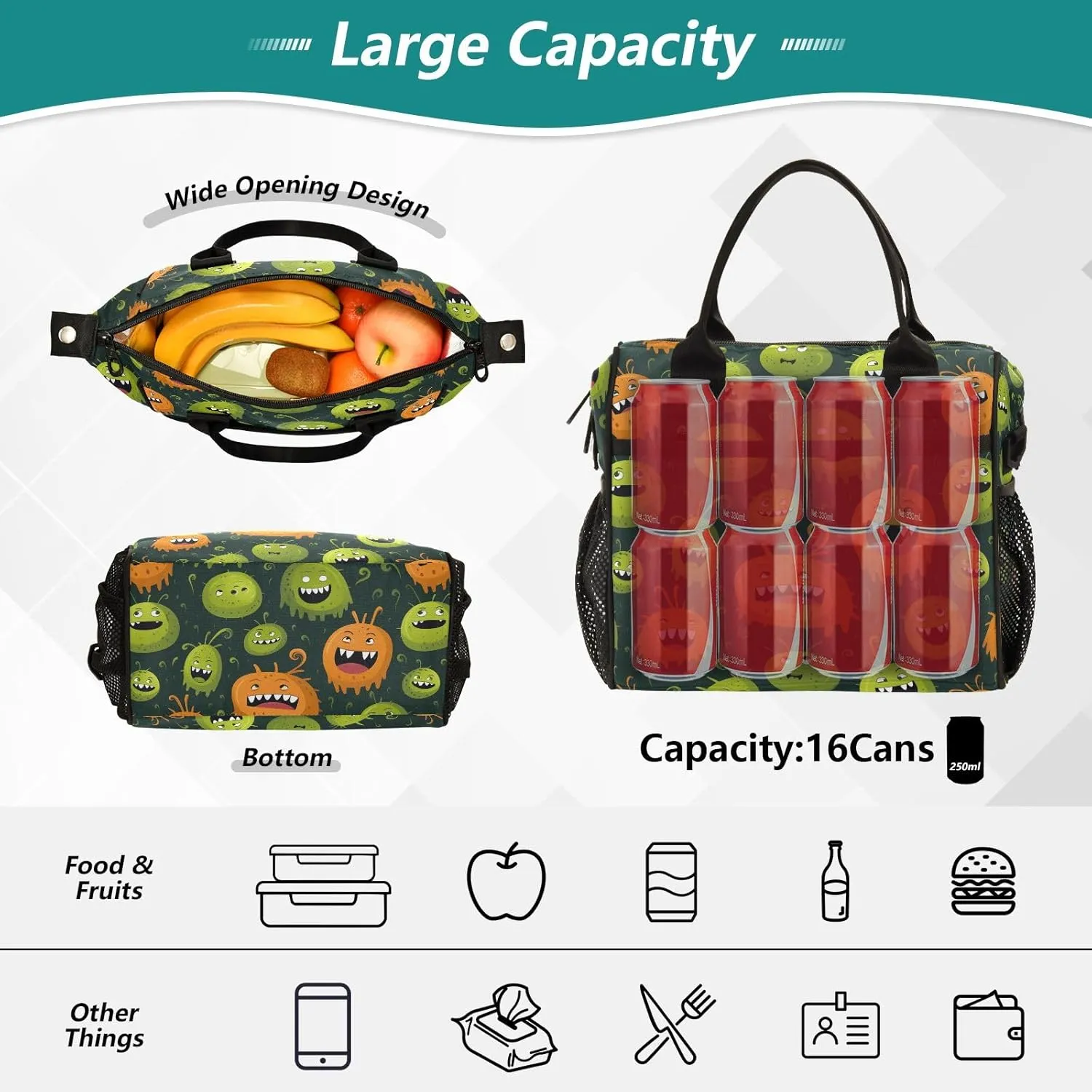 Cartoon Bacteria Pattern Women Cooler Bags Lunch Bag Reusable Insulated Lunch Bags Crossbody with Shoulder Strap