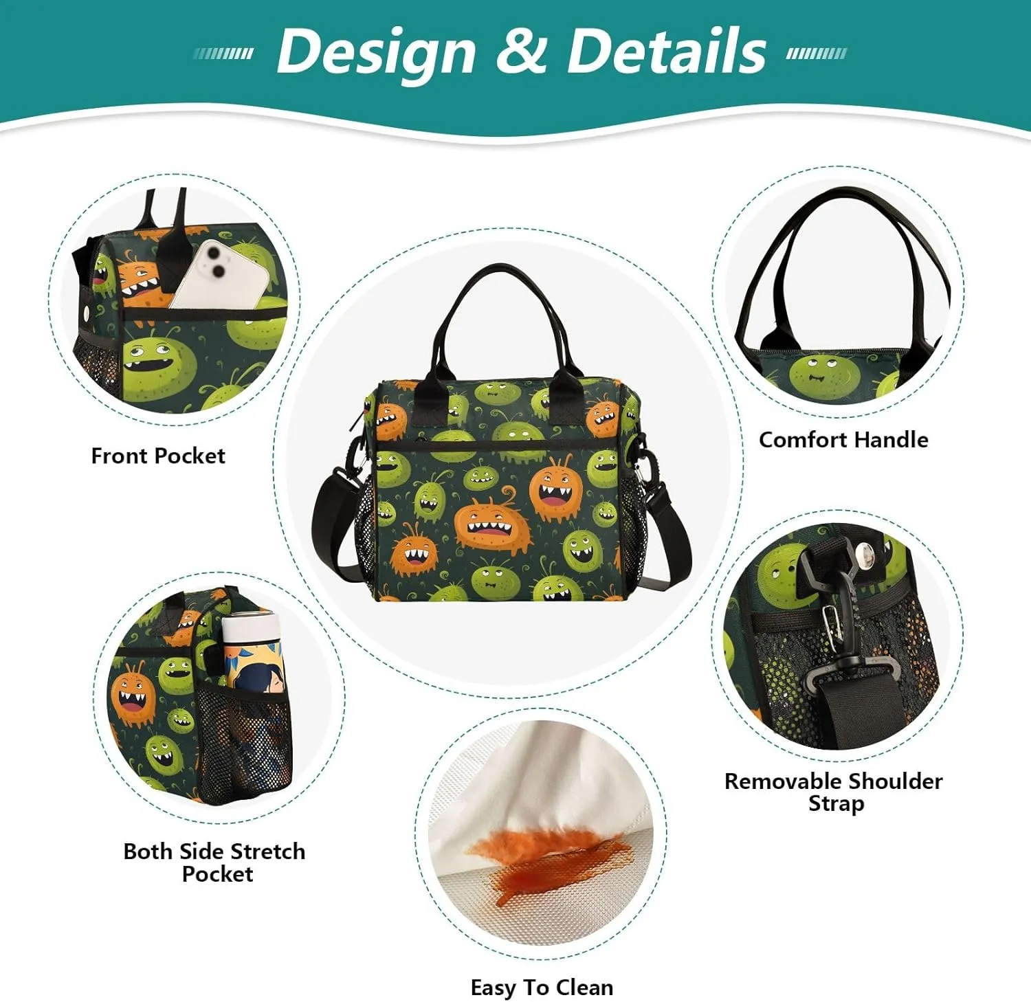 Cartoon Bacteria Pattern Women Cooler Bags Lunch Bag Reusable Insulated Lunch Bags Crossbody with Shoulder Strap