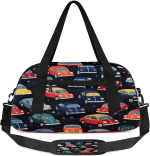 Cartoon Car Pattern Kids Duffel Bag Lightweight Waterproof Sports Gym Bag with Front Zipper Pocket Foldable Weekender Overnight Bag for School Practice Gymnastic Ballet
