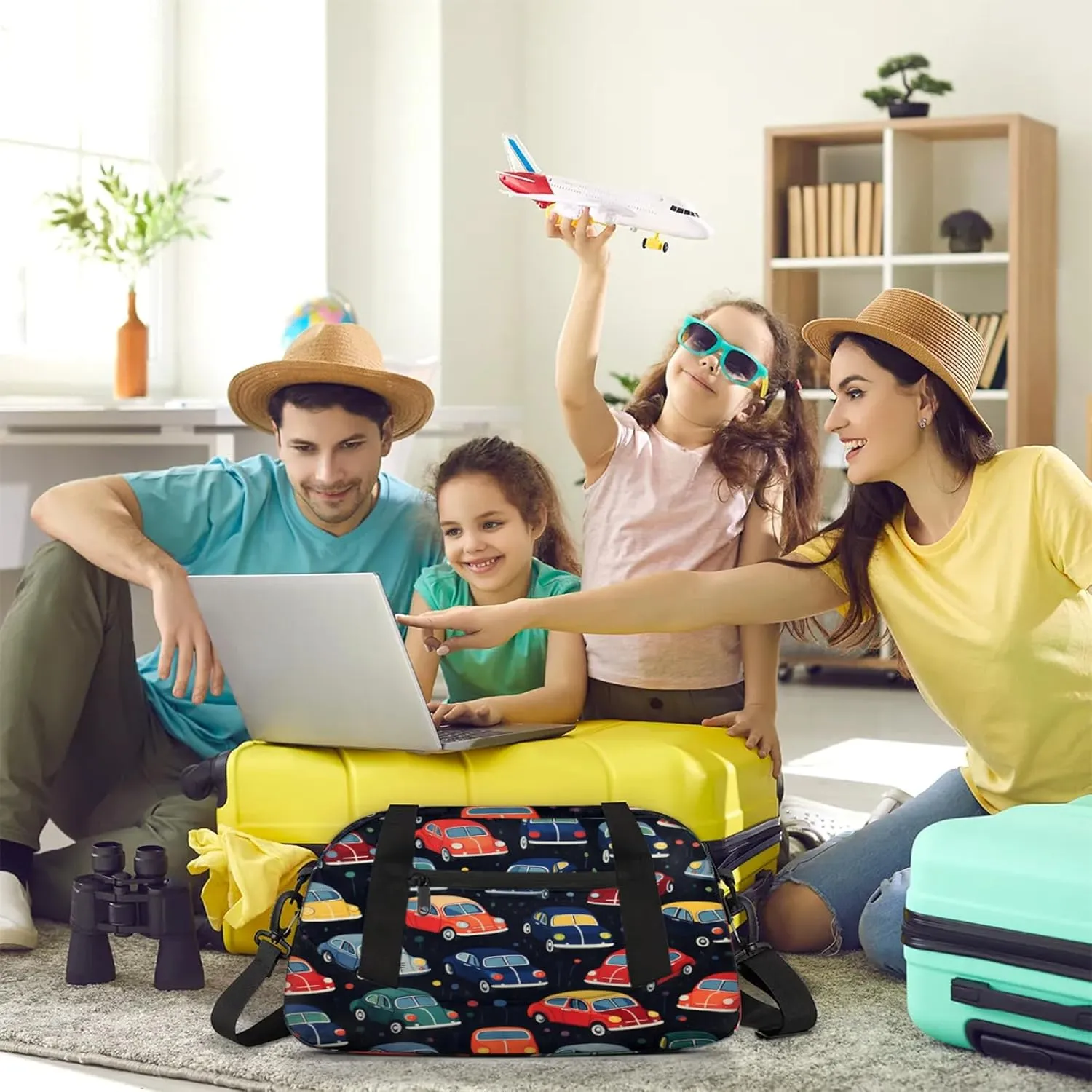Cartoon Car Pattern Kids Duffel Bag Lightweight Waterproof Sports Gym Bag with Front Zipper Pocket Foldable Weekender Overnight Bag for School Practice Gymnastic Ballet
