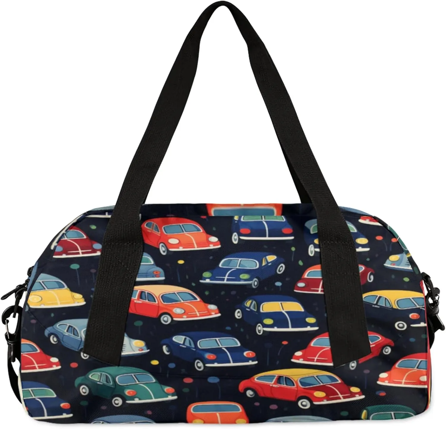 Cartoon Car Pattern Kids Duffel Bag Lightweight Waterproof Sports Gym Bag with Front Zipper Pocket Foldable Weekender Overnight Bag for School Practice Gymnastic Ballet