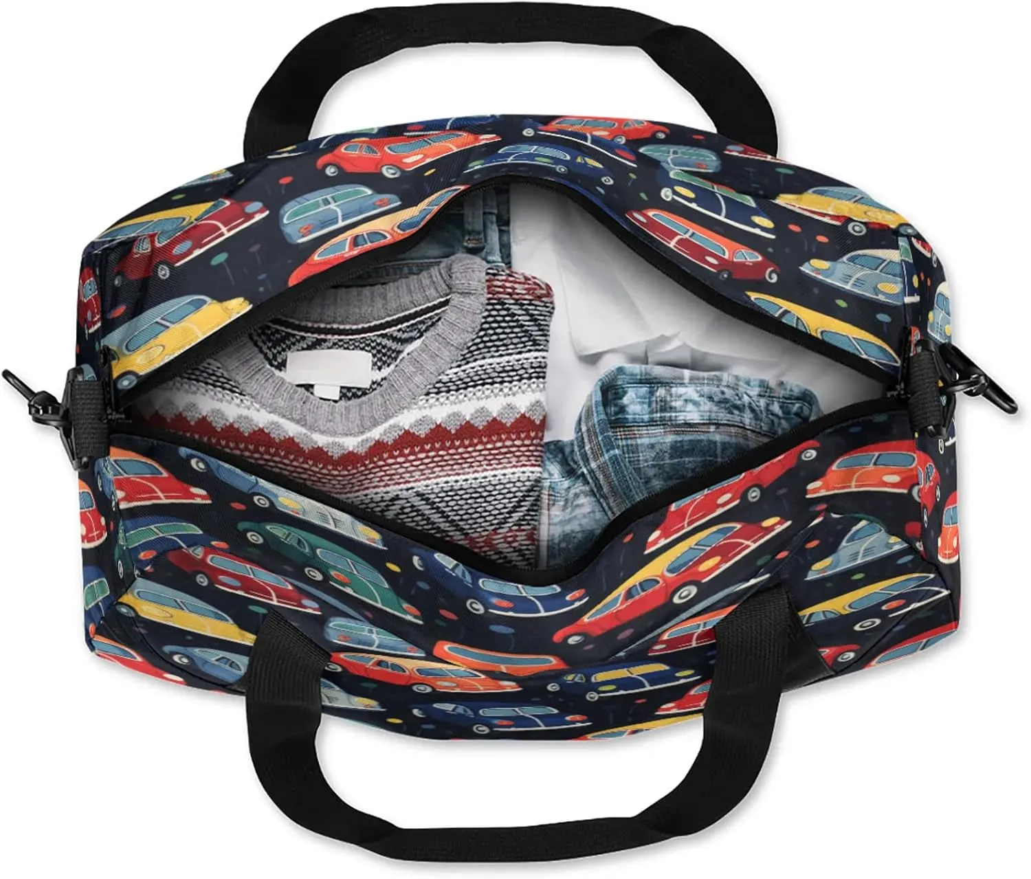 Cartoon Car Pattern Kids Duffel Bag Lightweight Waterproof Sports Gym Bag with Front Zipper Pocket Foldable Weekender Overnight Bag for School Practice Gymnastic Ballet