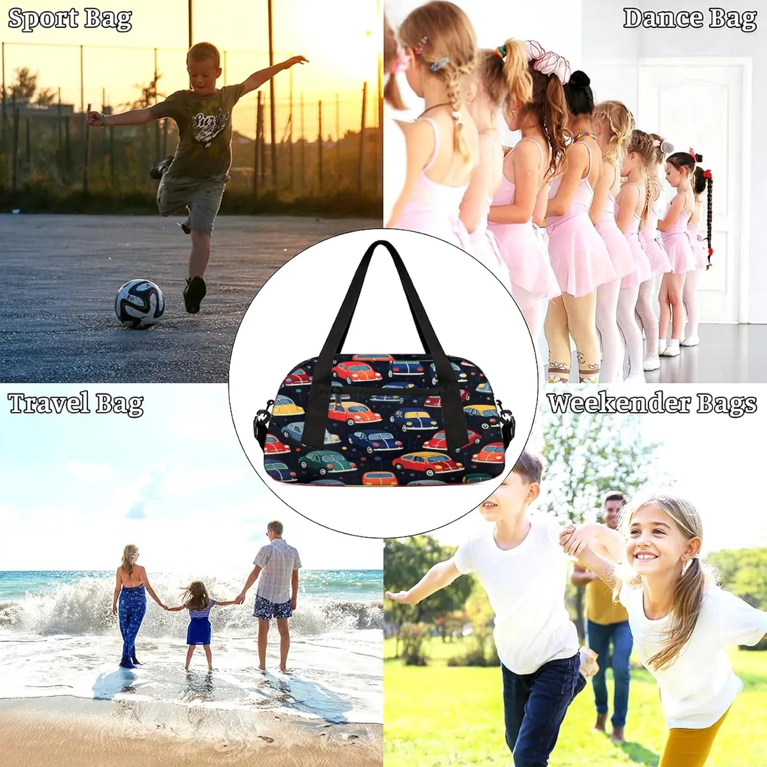 Cartoon Car Pattern Kids Duffel Bag Lightweight Waterproof Sports Gym Bag with Front Zipper Pocket Foldable Weekender Overnight Bag for School Practice Gymnastic Ballet