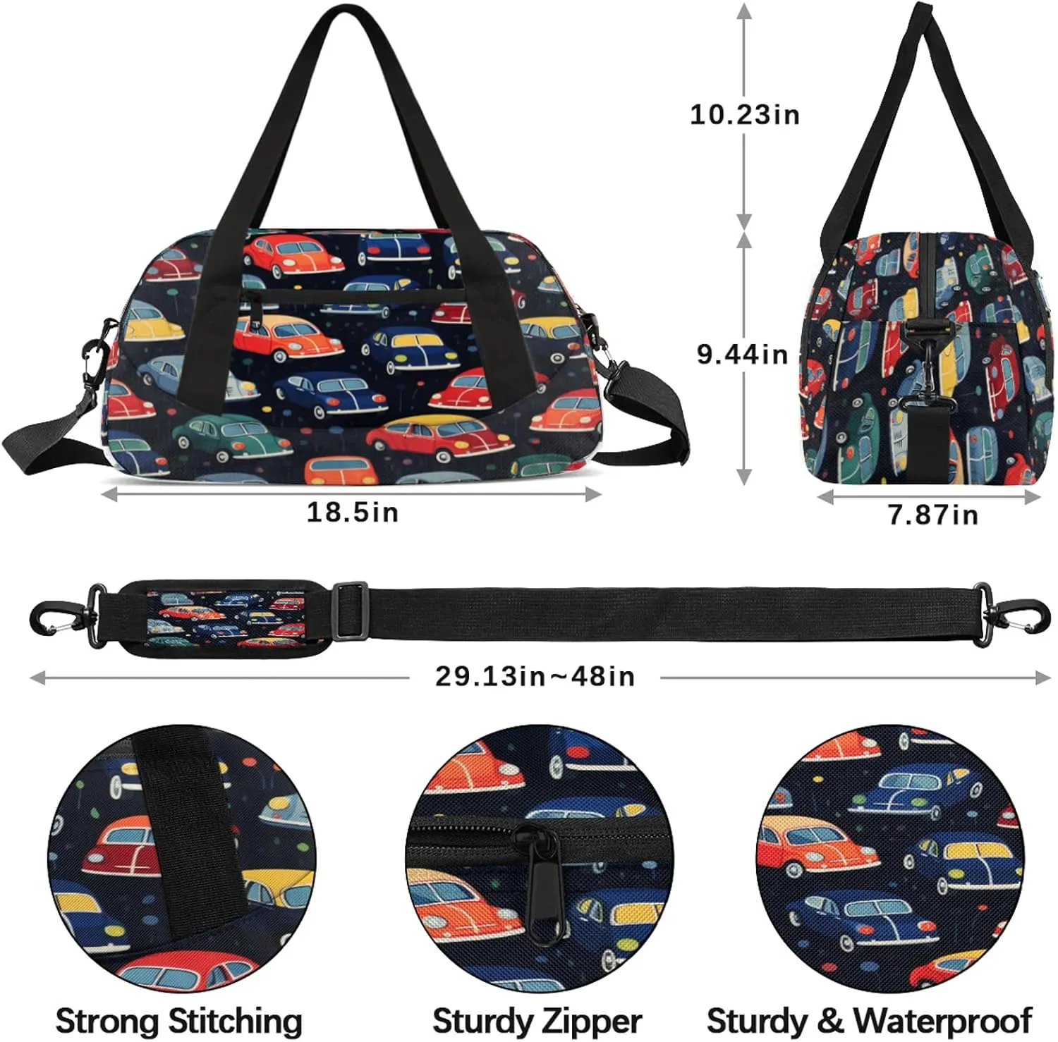 Cartoon Car Pattern Kids Duffel Bag Lightweight Waterproof Sports Gym Bag with Front Zipper Pocket Foldable Weekender Overnight Bag for School Practice Gymnastic Ballet