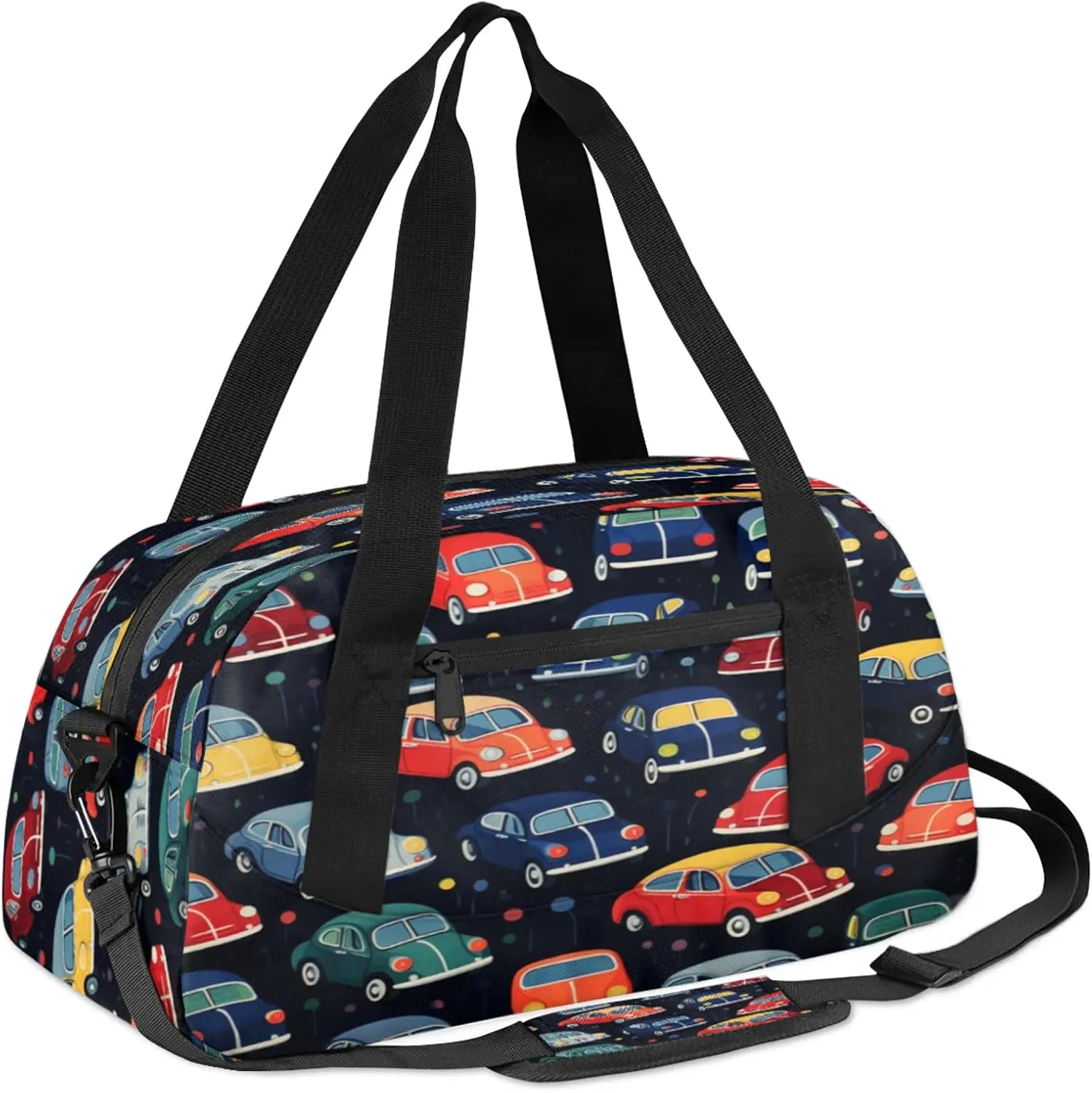 Cartoon Car Pattern Kids Duffel Bag Lightweight Waterproof Sports Gym Bag with Front Zipper Pocket Foldable Weekender Overnight Bag for School Practice Gymnastic Ballet