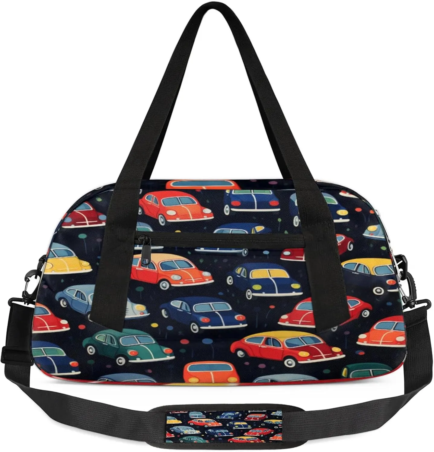 Cartoon Car Pattern Kids Duffel Bag Lightweight Waterproof Sports Gym Bag with Front Zipper Pocket Foldable Weekender Overnight Bag for School Practice Gymnastic Ballet