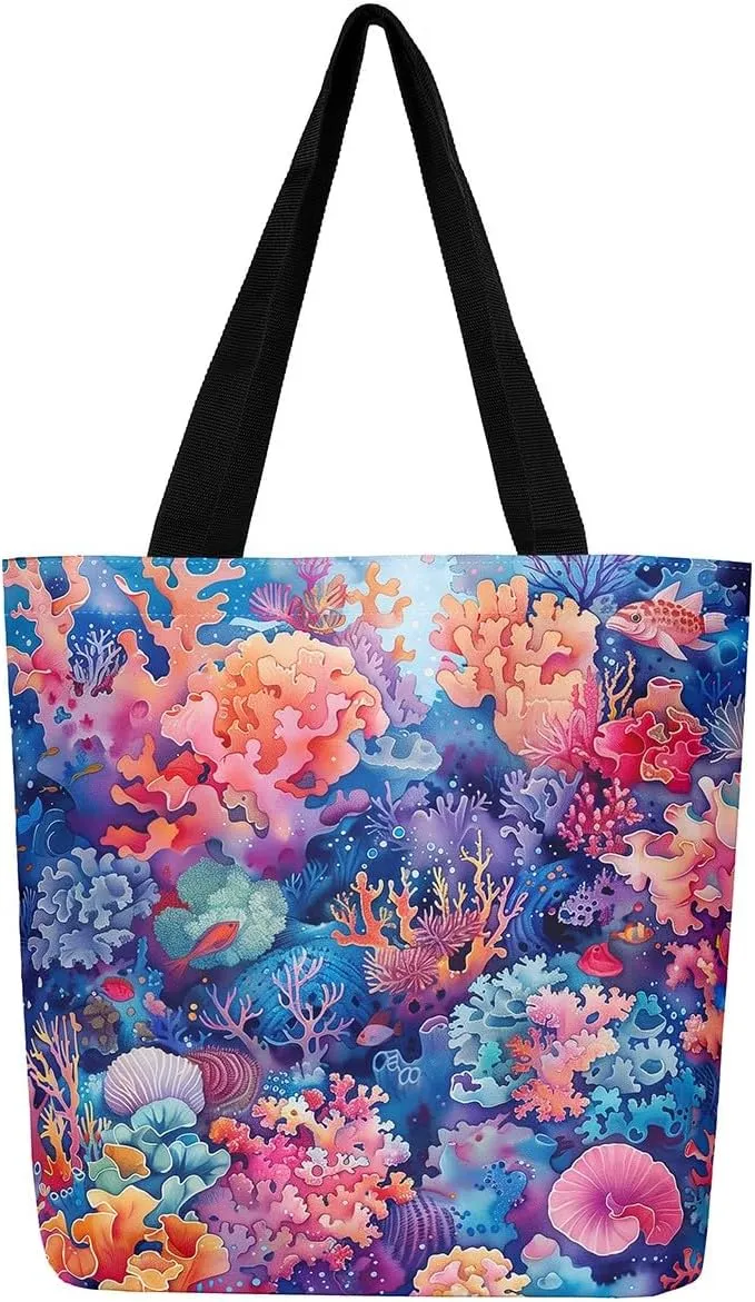 Castle Fairy Kids Teens Canvas Tote Bag Aesthetic for Women Girls,Colorful Animals Floral Reusable Grocery Handbag