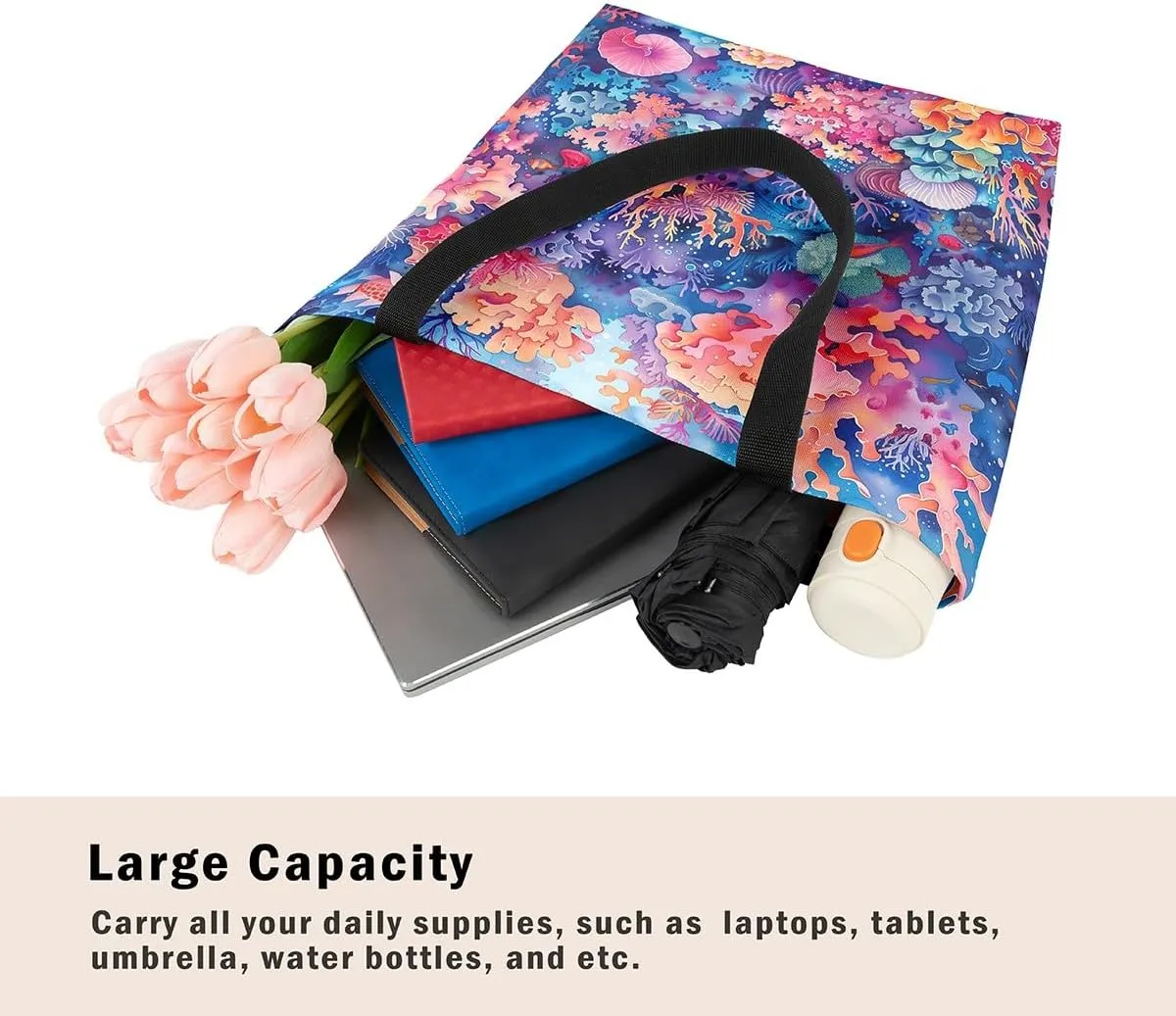 Castle Fairy Kids Teens Canvas Tote Bag Aesthetic for Women Girls,Colorful Animals Floral Reusable Grocery Handbag