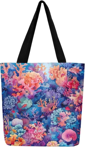 Castle Fairy Kids Teens Canvas Tote Bag Aesthetic for Women Girls,Colorful Animals Floral Reusable Grocery Handbag