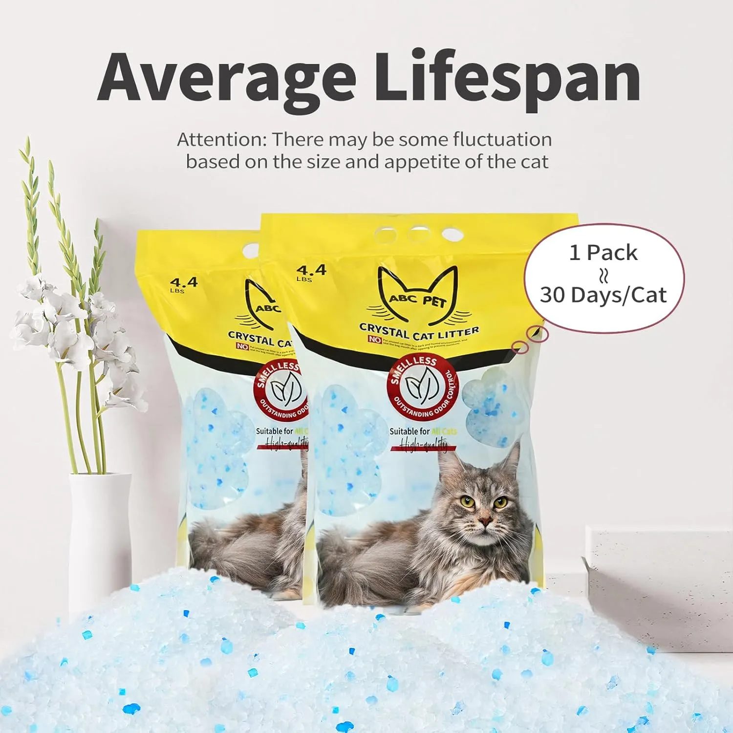 Cat Litter Crystals No Clumping Odor Control Kitty Litter Non-Clumping No scooping Low Dust, Low Tracking, Dehydrates Waste - 8.6 lbs (2 x 4.3 lb Packs)