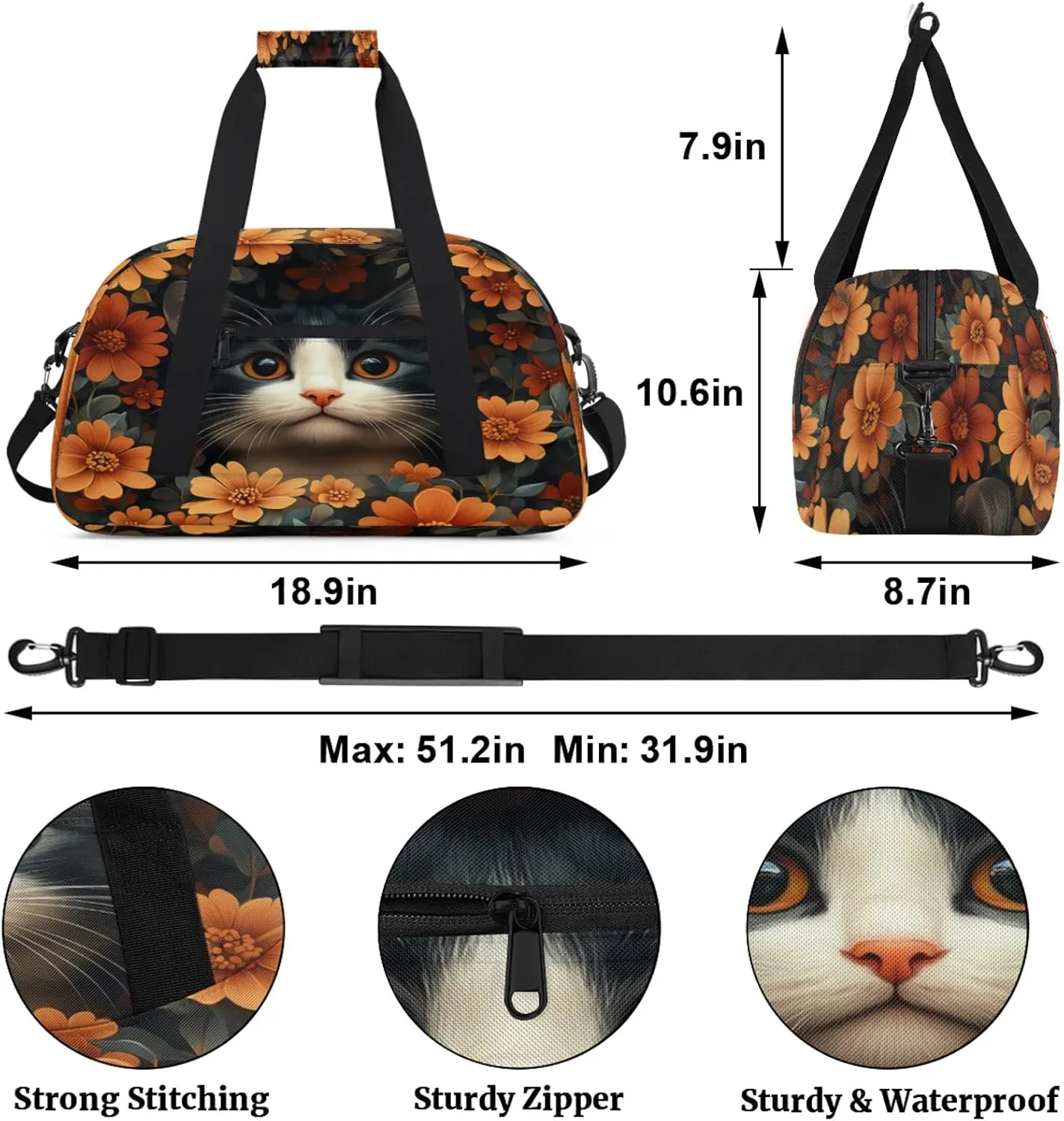 Cat Sports Duffle Gym Bags for Men or Women, Flower Cat Lightweight Carry On Overnight Weekender Bag for Travel Workout