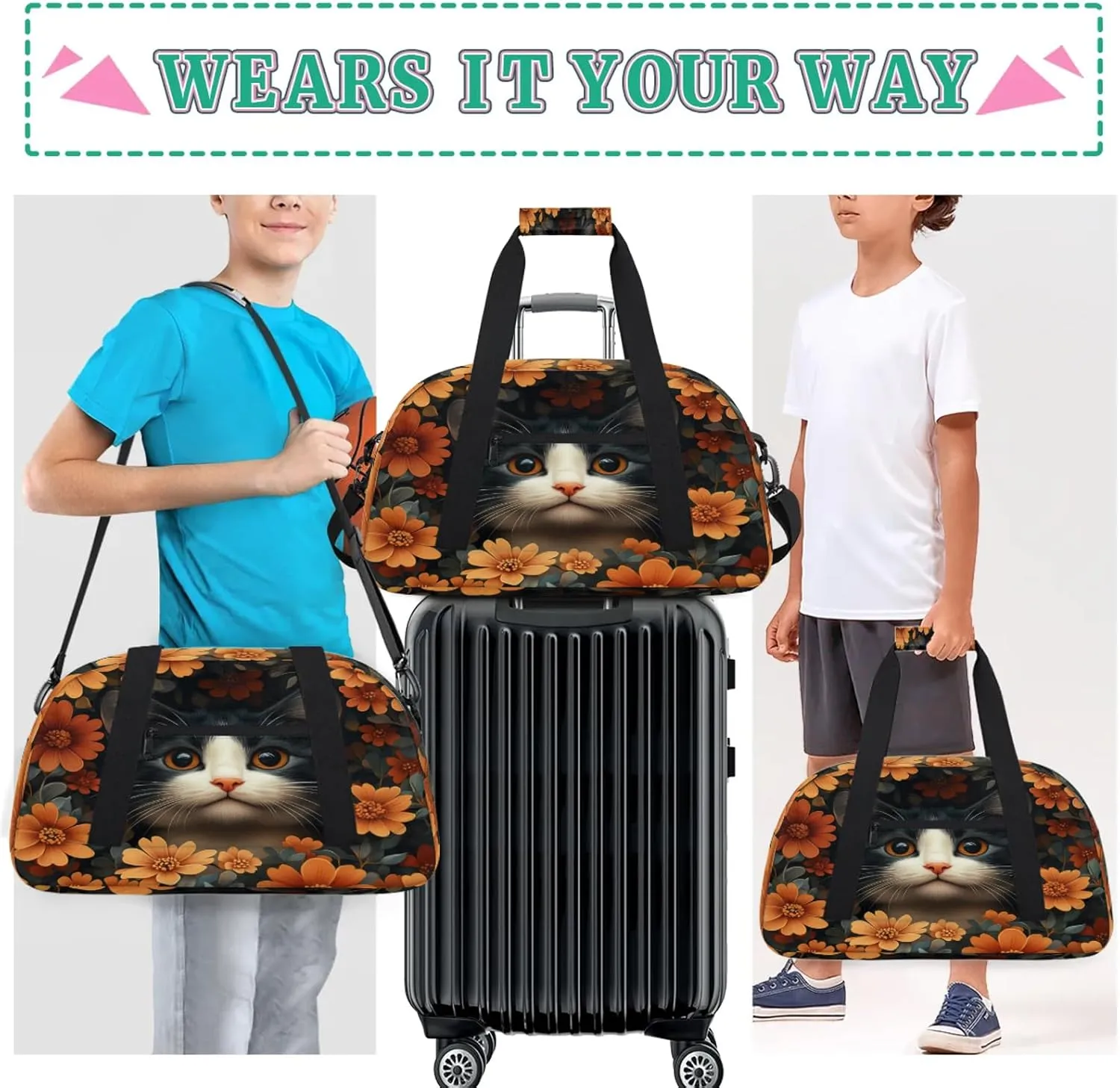 Cat Sports Duffle Gym Bags for Men or Women, Flower Cat Lightweight Carry On Overnight Weekender Bag for Travel Workout