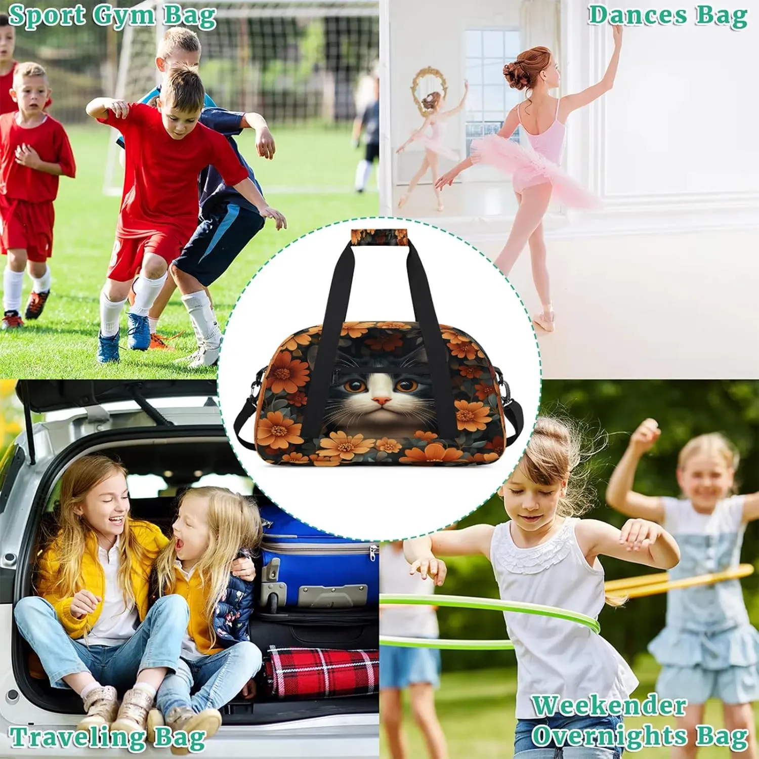 Cat Sports Duffle Gym Bags for Men or Women, Flower Cat Lightweight Carry On Overnight Weekender Bag for Travel Workout