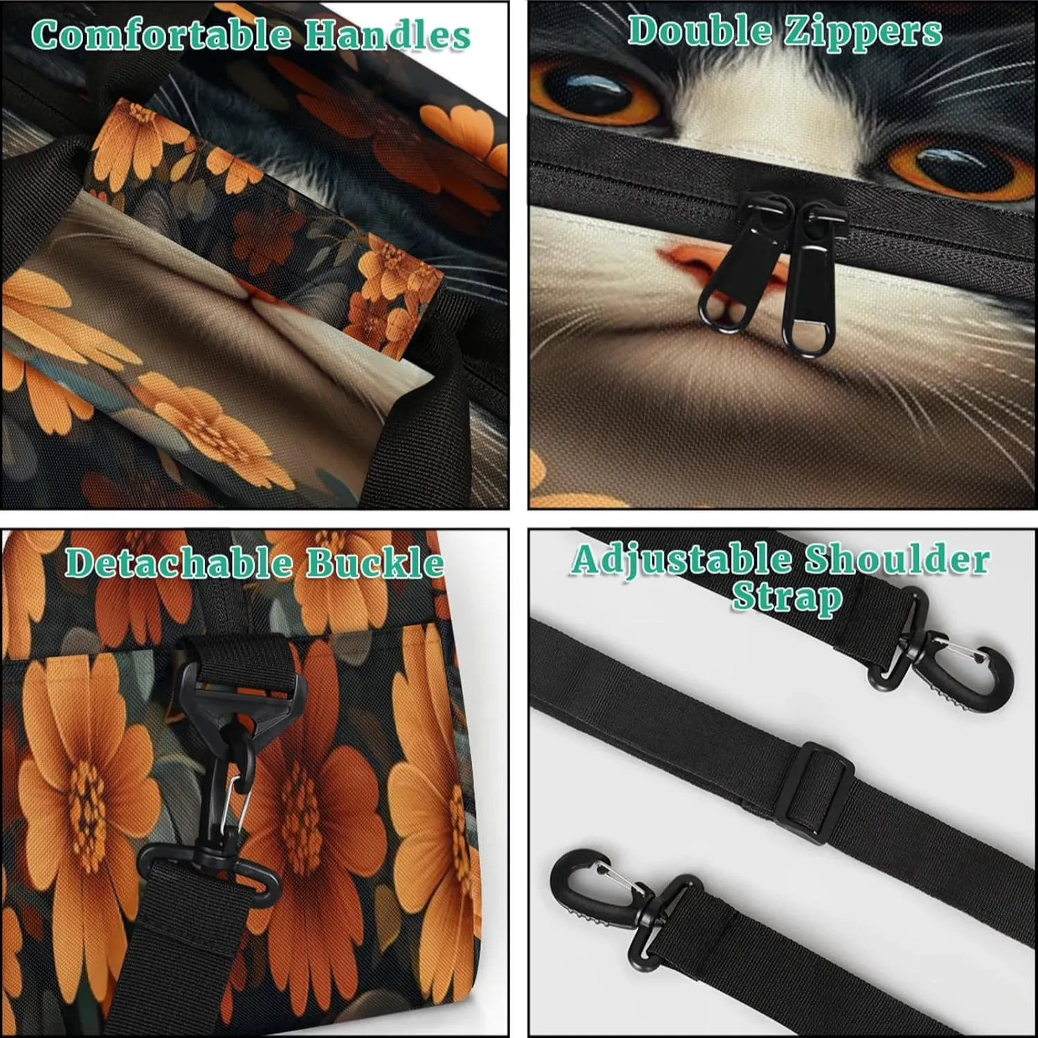 Cat Sports Duffle Gym Bags for Men or Women, Flower Cat Lightweight Carry On Overnight Weekender Bag for Travel Workout