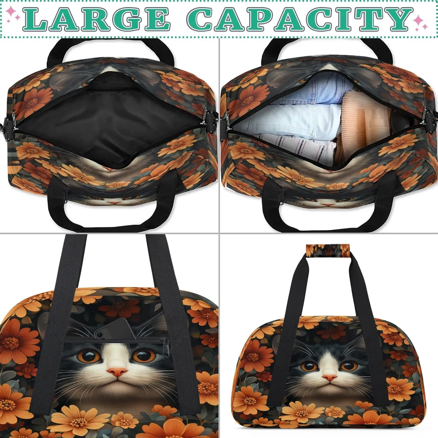 Cat Sports Duffle Gym Bags for Men or Women, Flower Cat Lightweight Carry On Overnight Weekender Bag for Travel Workout