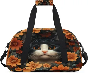 Cat Sports Duffle Gym Bags for Men or Women, Flower Cat Lightweight Carry On Overnight Weekender Bag for Travel Workout
