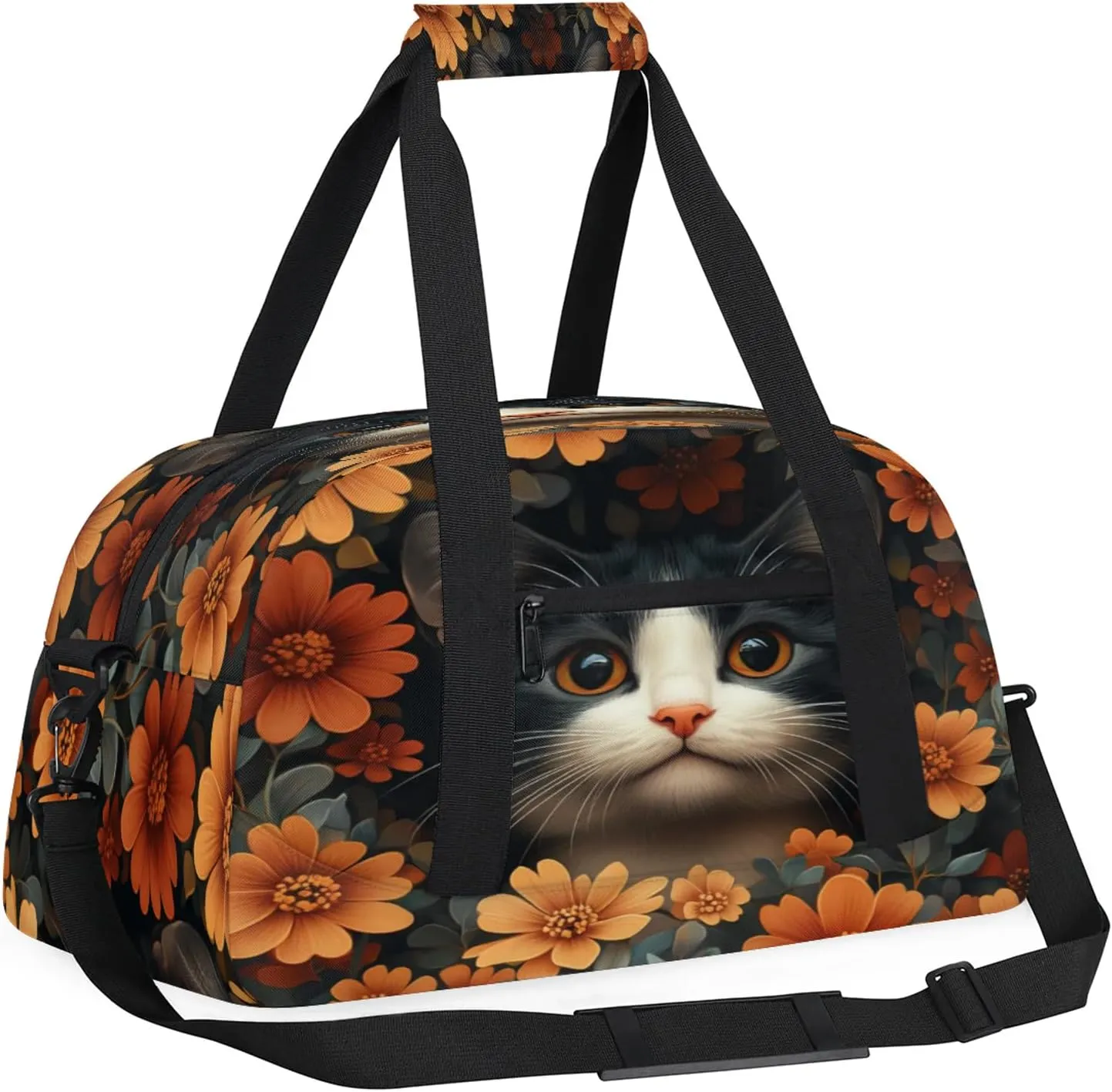 Cat Sports Duffle Gym Bags for Men or Women, Flower Cat Lightweight Carry On Overnight Weekender Bag for Travel Workout