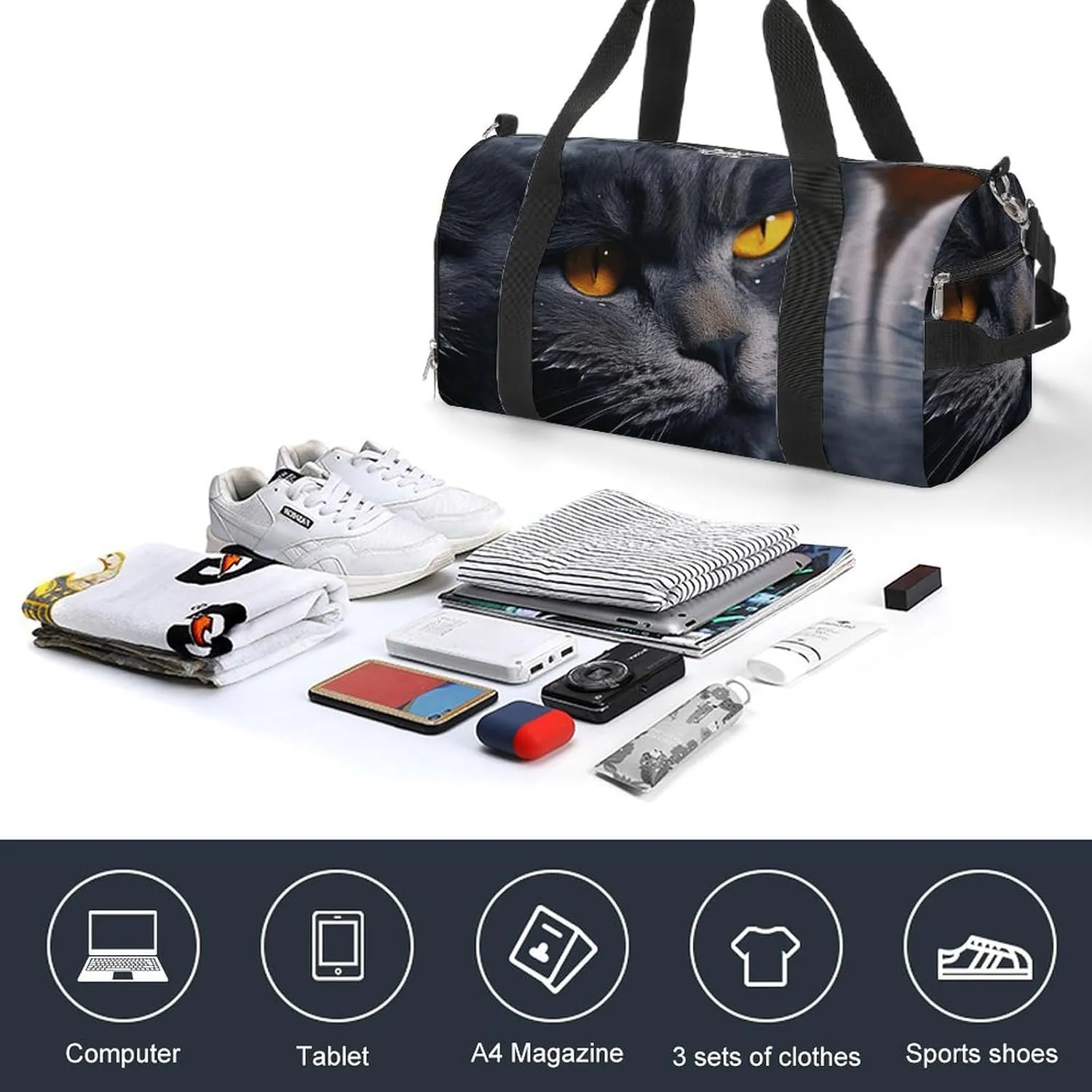 Cats with Yellow Eyes Sports Gym Bag Carry on Holdalls for Men Small Duffel Bags for Women with Shoe Compartment