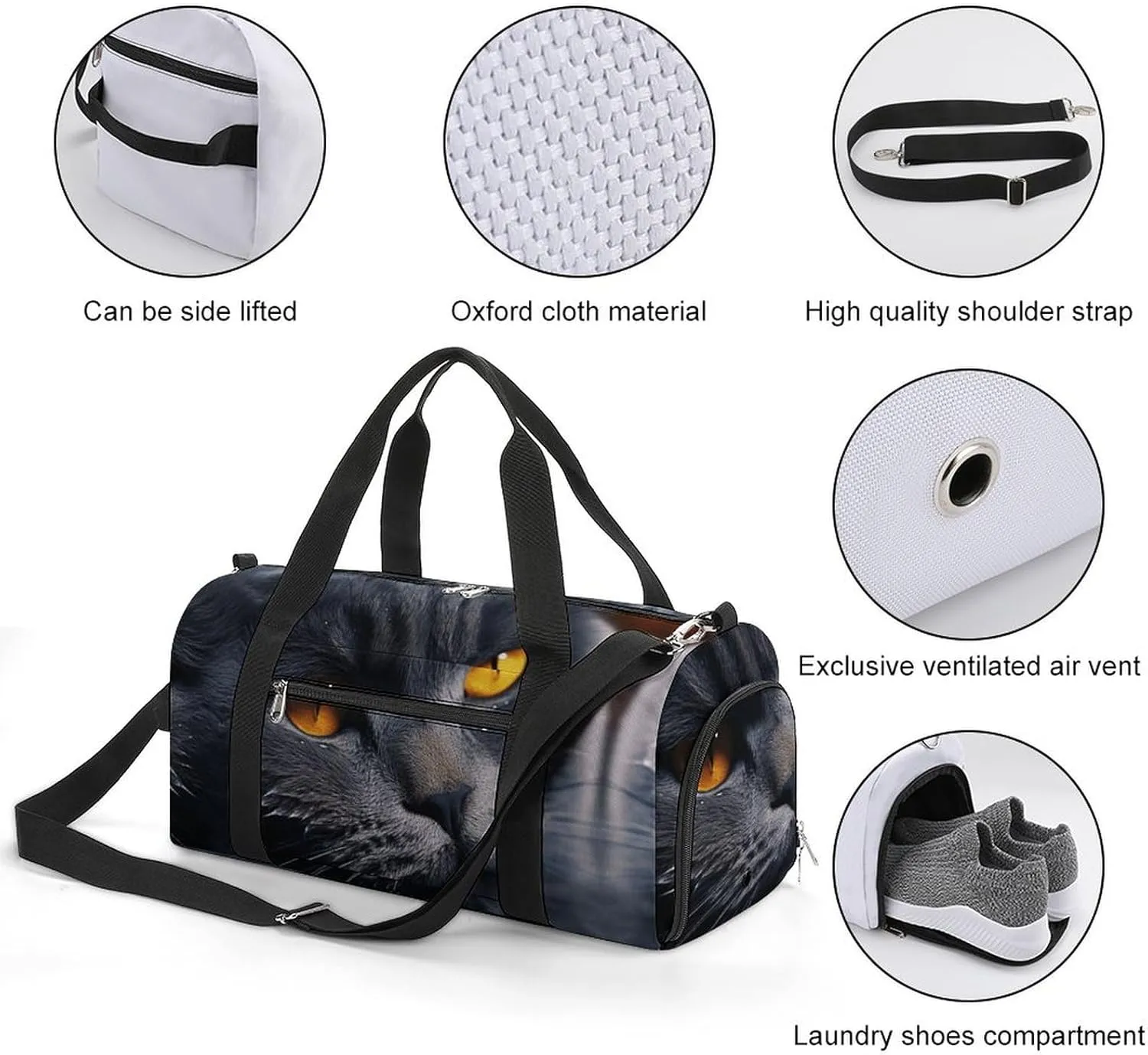 Cats with Yellow Eyes Sports Gym Bag Carry on Holdalls for Men Small Duffel Bags for Women with Shoe Compartment