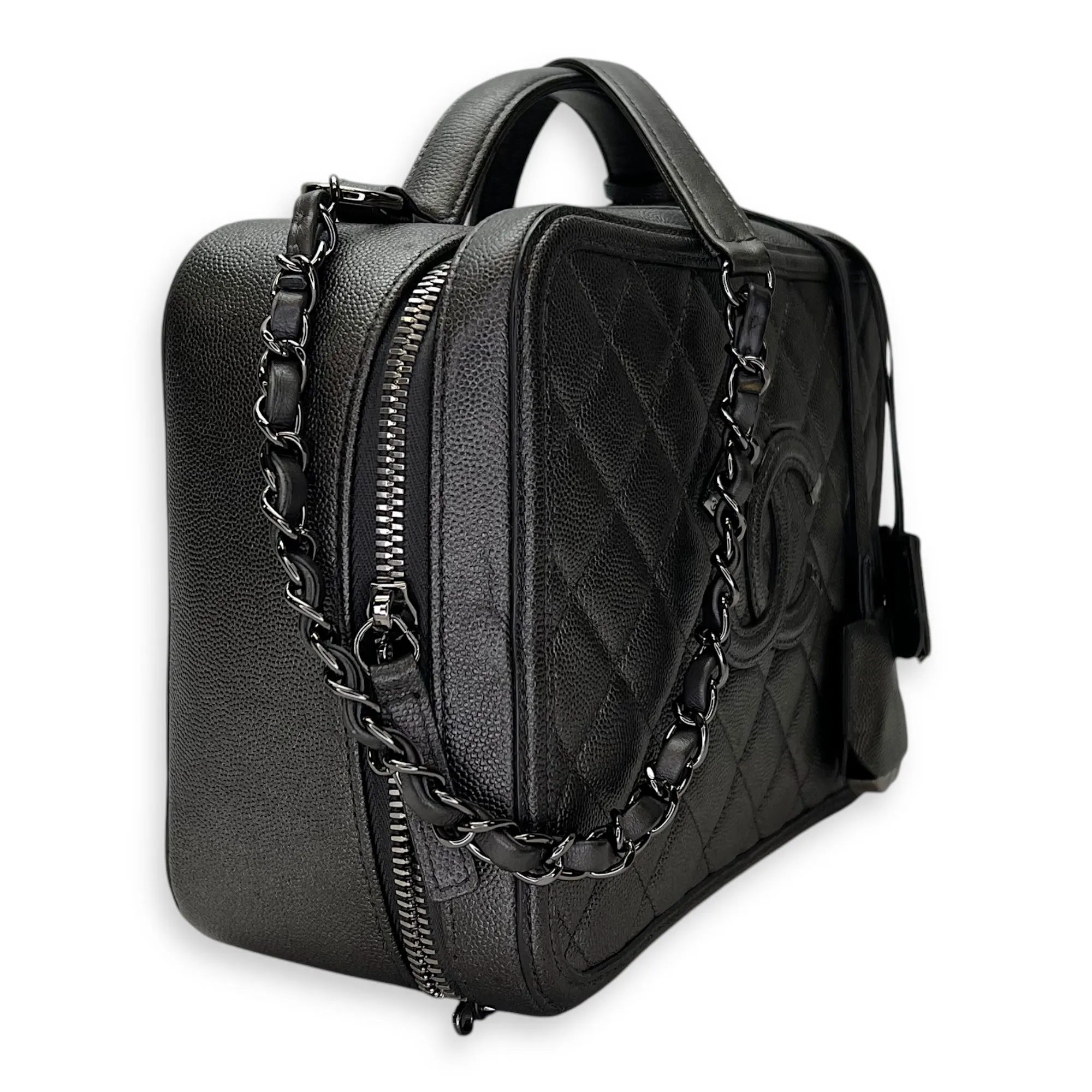 CC Filigree Large Silver Top Handle Bag in Caviar Leather, Silver hardware