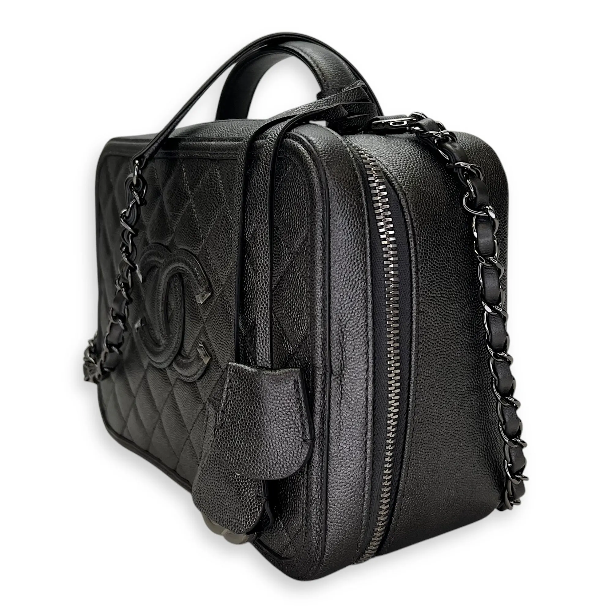 CC Filigree Large Silver Top Handle Bag in Caviar Leather, Silver hardware