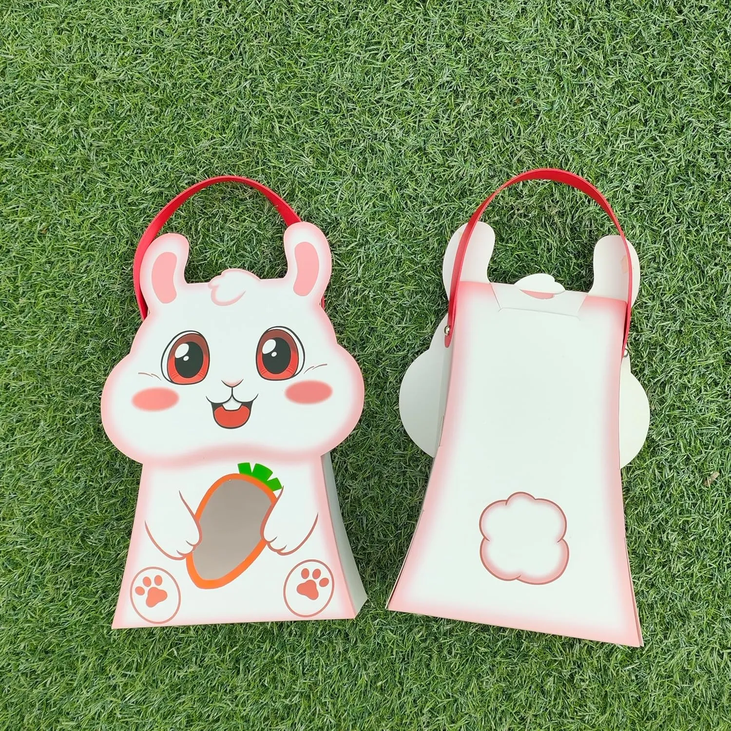 CcXxming 30 PCS Easter Party Favor Bags with Handles，Bunny-Shaped Treat Bags with Window & Stickers (Large)，Paper Goodie Boxes for Kids Egg Hunts