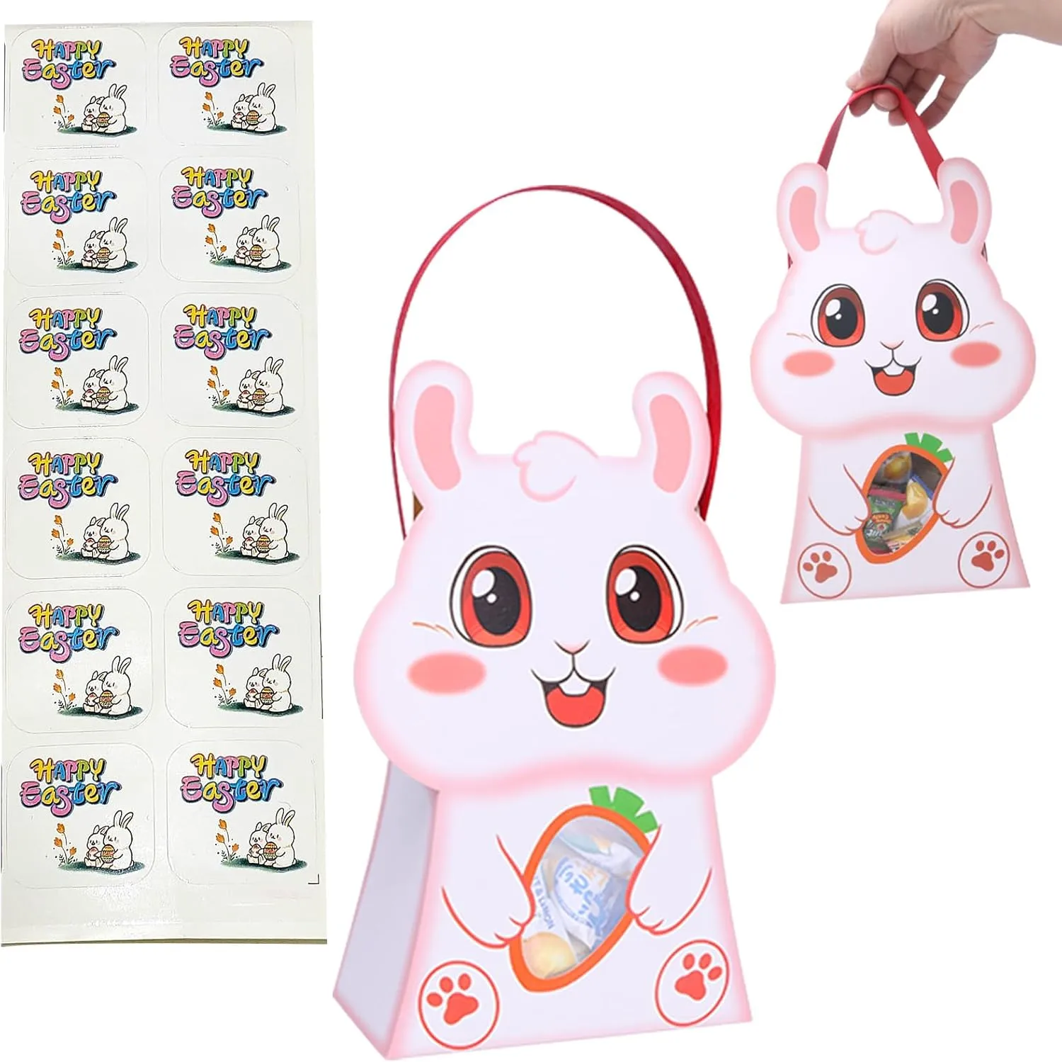 CcXxming 30 PCS Easter Party Favor Bags with Handles，Bunny-Shaped Treat Bags with Window & Stickers (Large)，Paper Goodie Boxes for Kids Egg Hunts