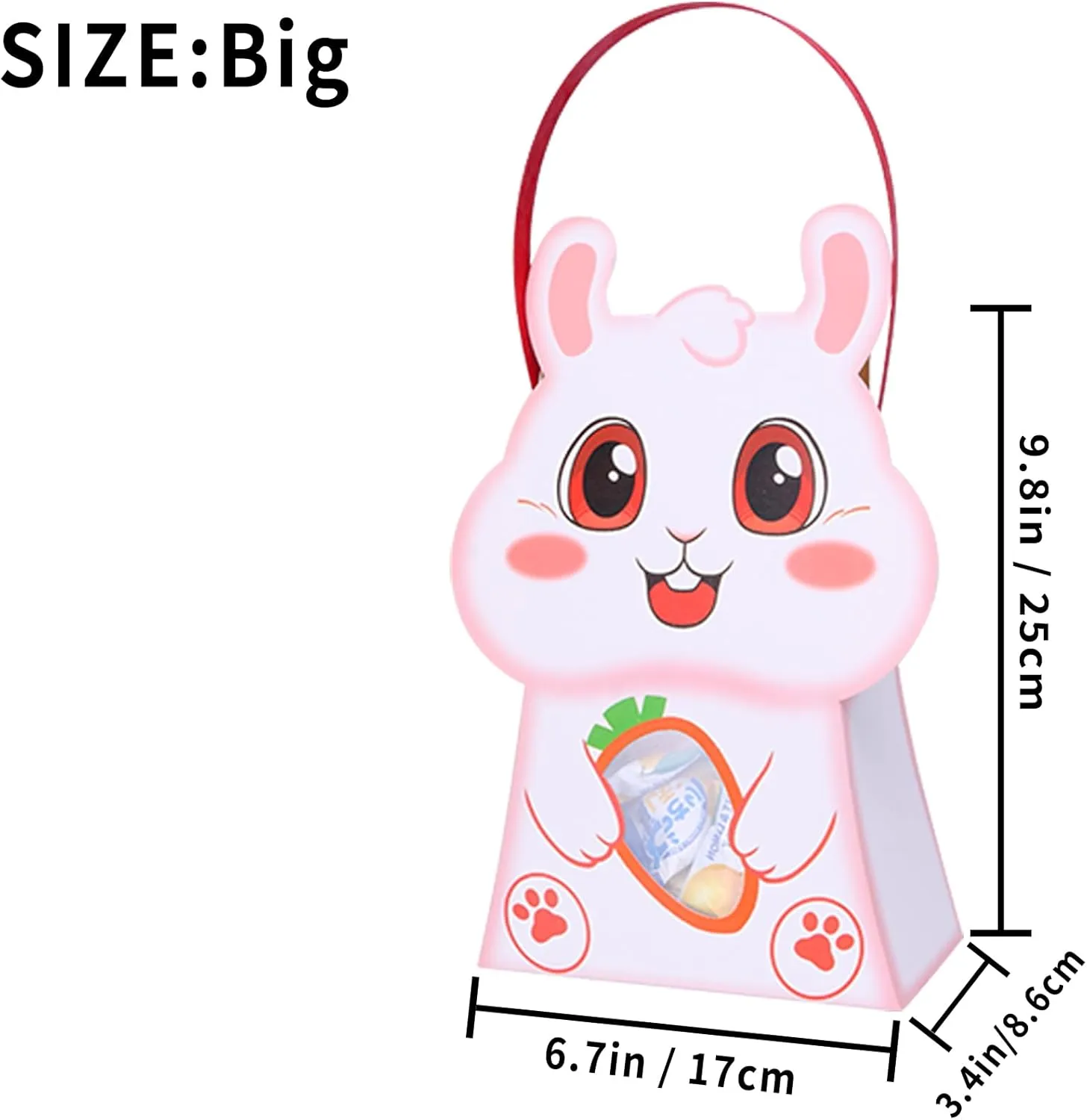 CcXxming 30 PCS Easter Party Favor Bags with Handles，Bunny-Shaped Treat Bags with Window & Stickers (Large)，Paper Goodie Boxes for Kids Egg Hunts