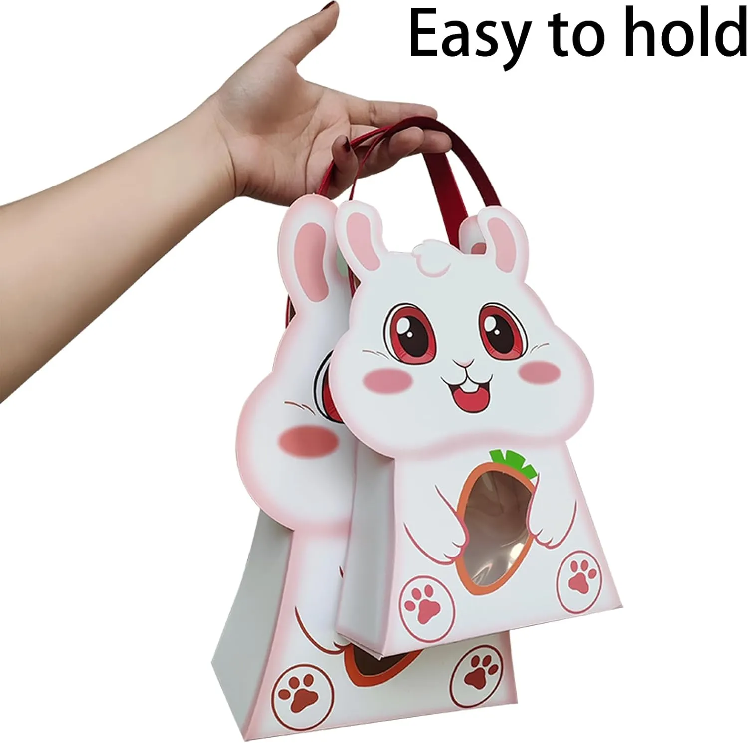 CcXxming 30 PCS Easter Party Favor Bags with Handles，Bunny-Shaped Treat Bags with Window & Stickers (Large)，Paper Goodie Boxes for Kids Egg Hunts