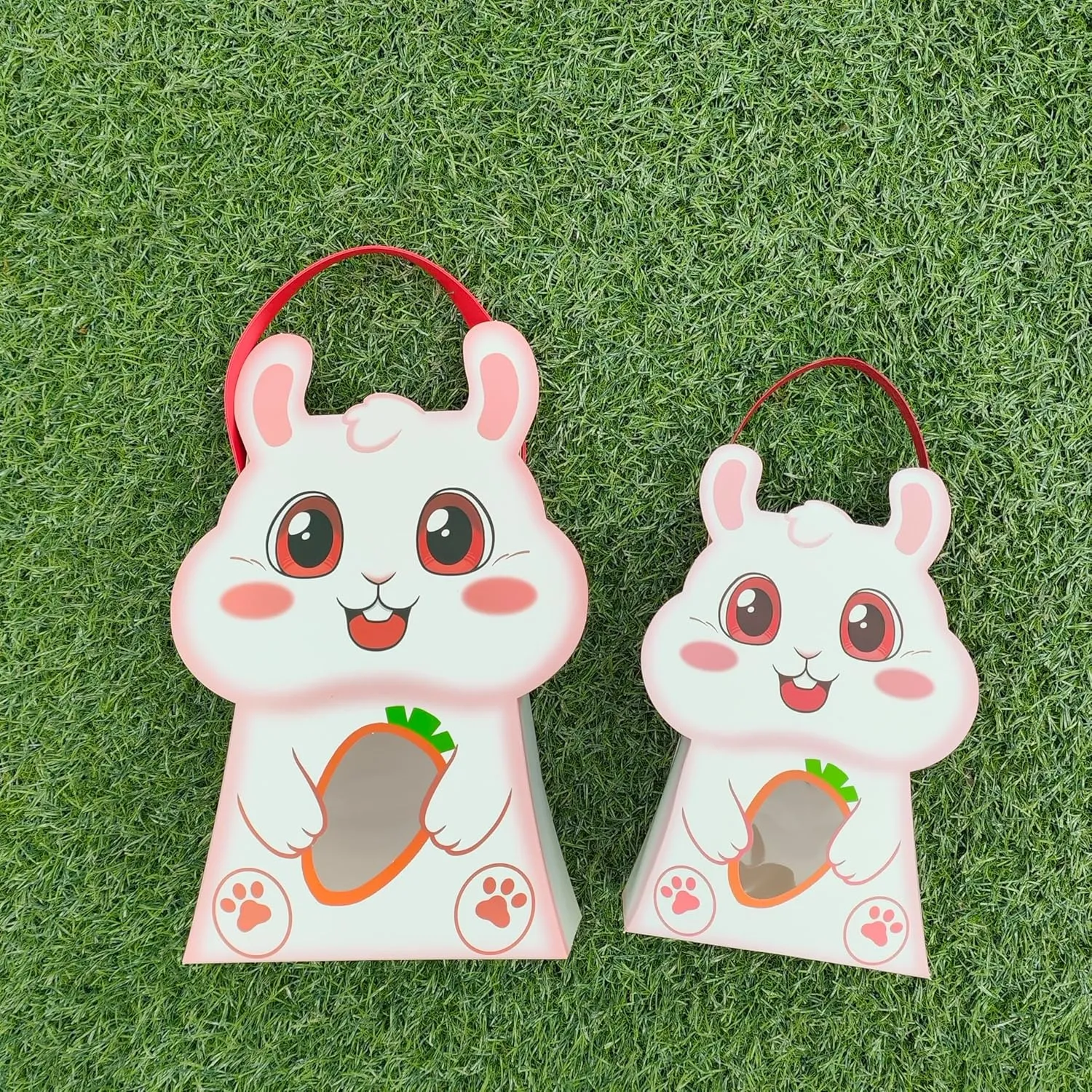 CcXxming 30 PCS Easter Party Favor Bags with Handles，Bunny-Shaped Treat Bags with Window & Stickers (Large)，Paper Goodie Boxes for Kids Egg Hunts
