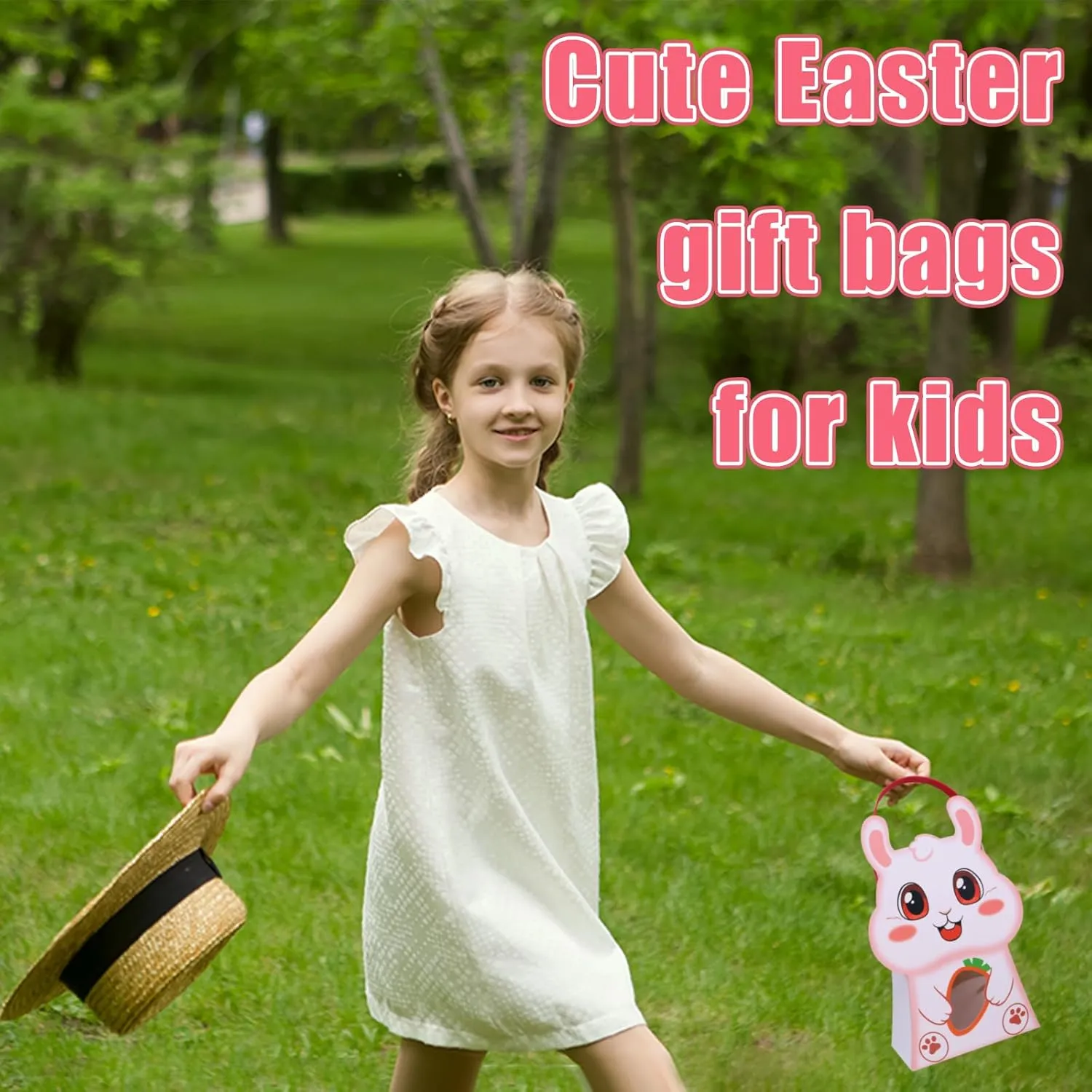CcXxming 30 PCS Easter Party Favor Bags with Handles，Bunny-Shaped Treat Bags with Window & Stickers (Large)，Paper Goodie Boxes for Kids Egg Hunts