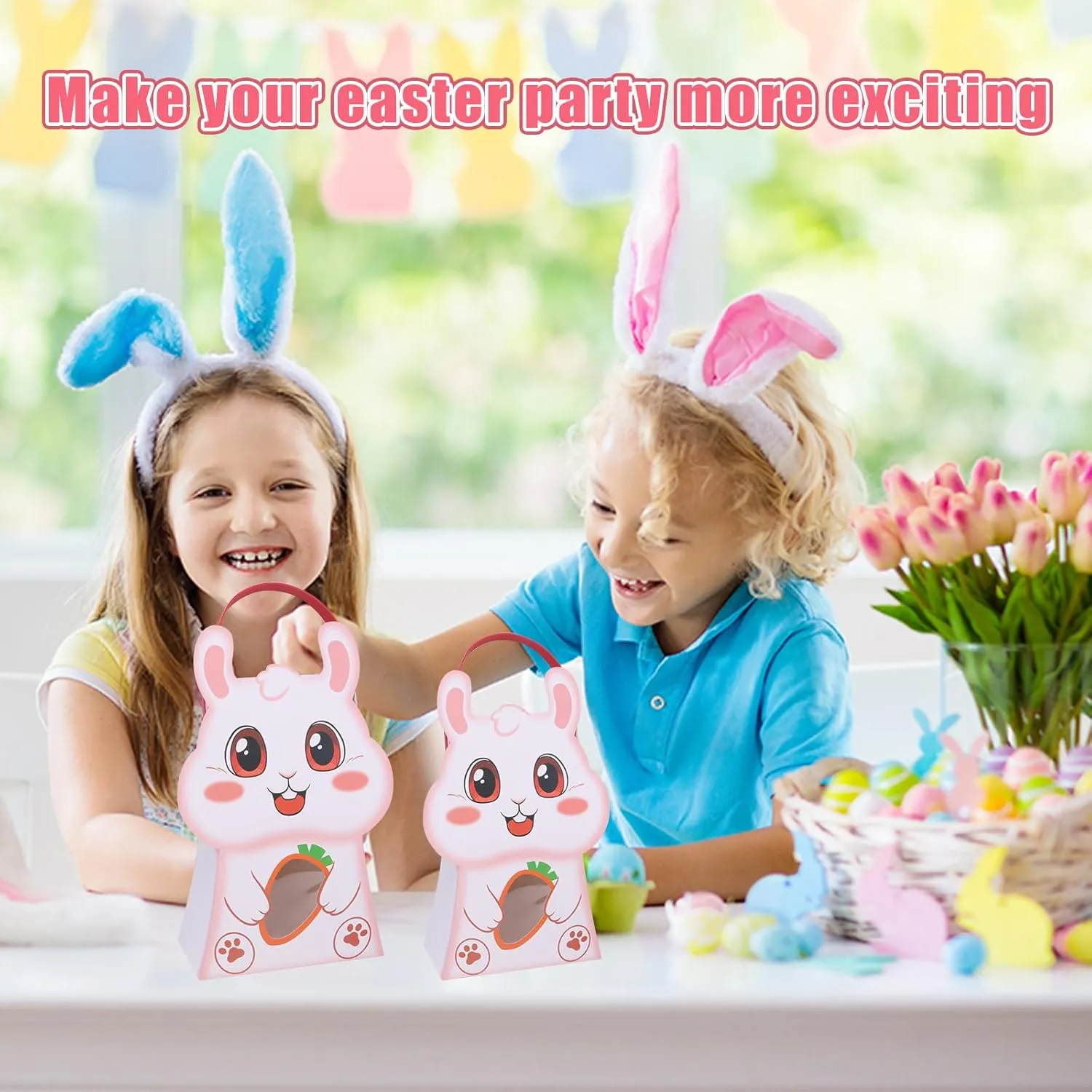 CcXxming 30 PCS Easter Party Favor Bags with Handles，Bunny-Shaped Treat Bags with Window & Stickers (Large)，Paper Goodie Boxes for Kids Egg Hunts