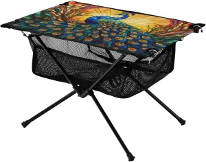 CEBUGI Peacock with Green Tail Portable Camping Table Ultralight Camp Table with Storage Bag Folding Table for Camping Beach Outdoor Picnic,23.6''L x15.7''W x15''H