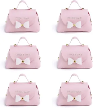 CheeseandU 6 Pack Exquisite Simple Bowknot Handbag with Handle Gift Box Beautiful Pink Leather Gift Bags with White Bow Decor Wedding Candy Box Birthday Party Favor Boxes 5.1x3.15