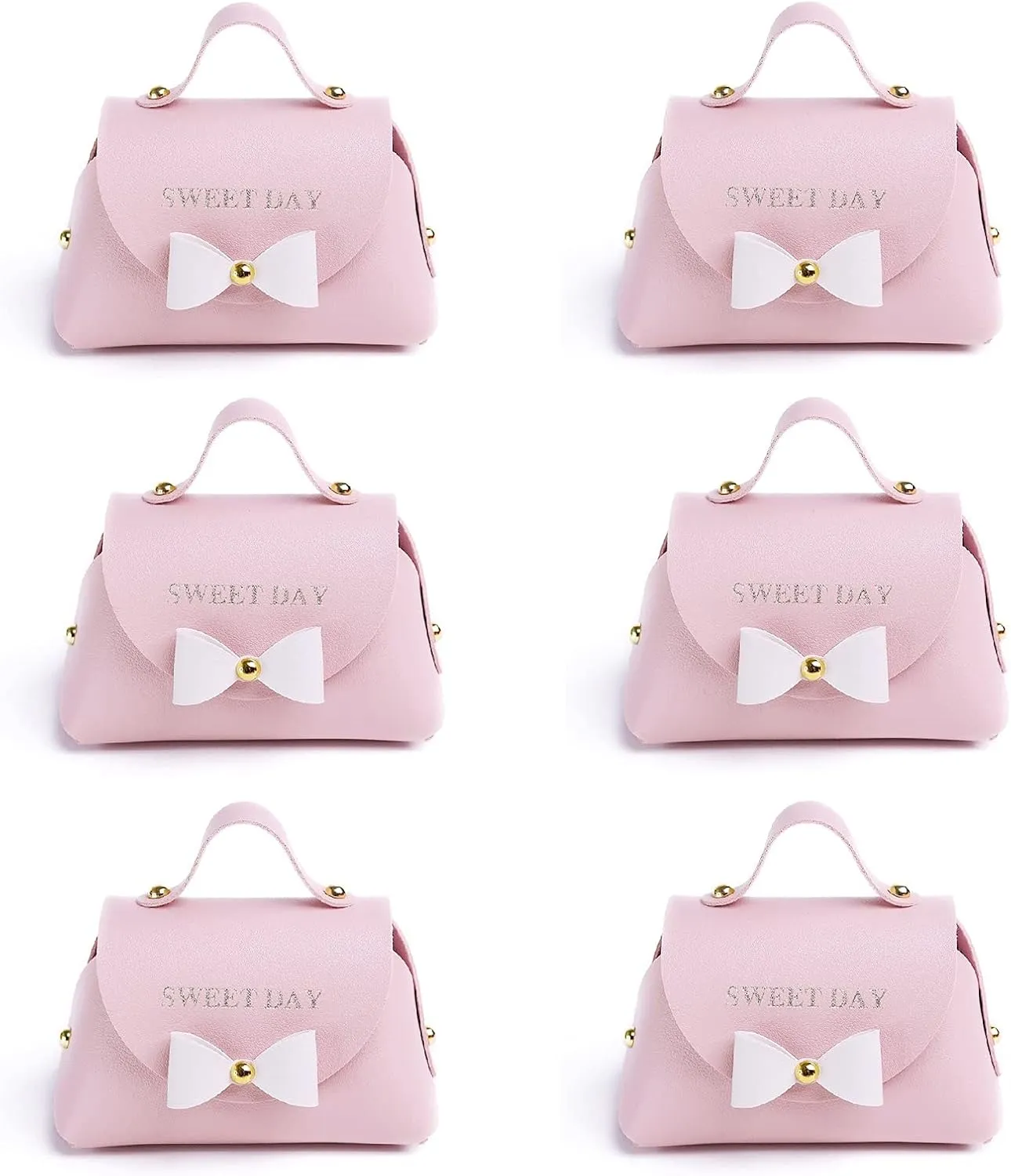 CheeseandU 6 Pack Exquisite Simple Bowknot Handbag with Handle Gift Box Beautiful Pink Leather Gift Bags with White Bow Decor Wedding Candy Box Birthday Party Favor Boxes 5.1x3.15