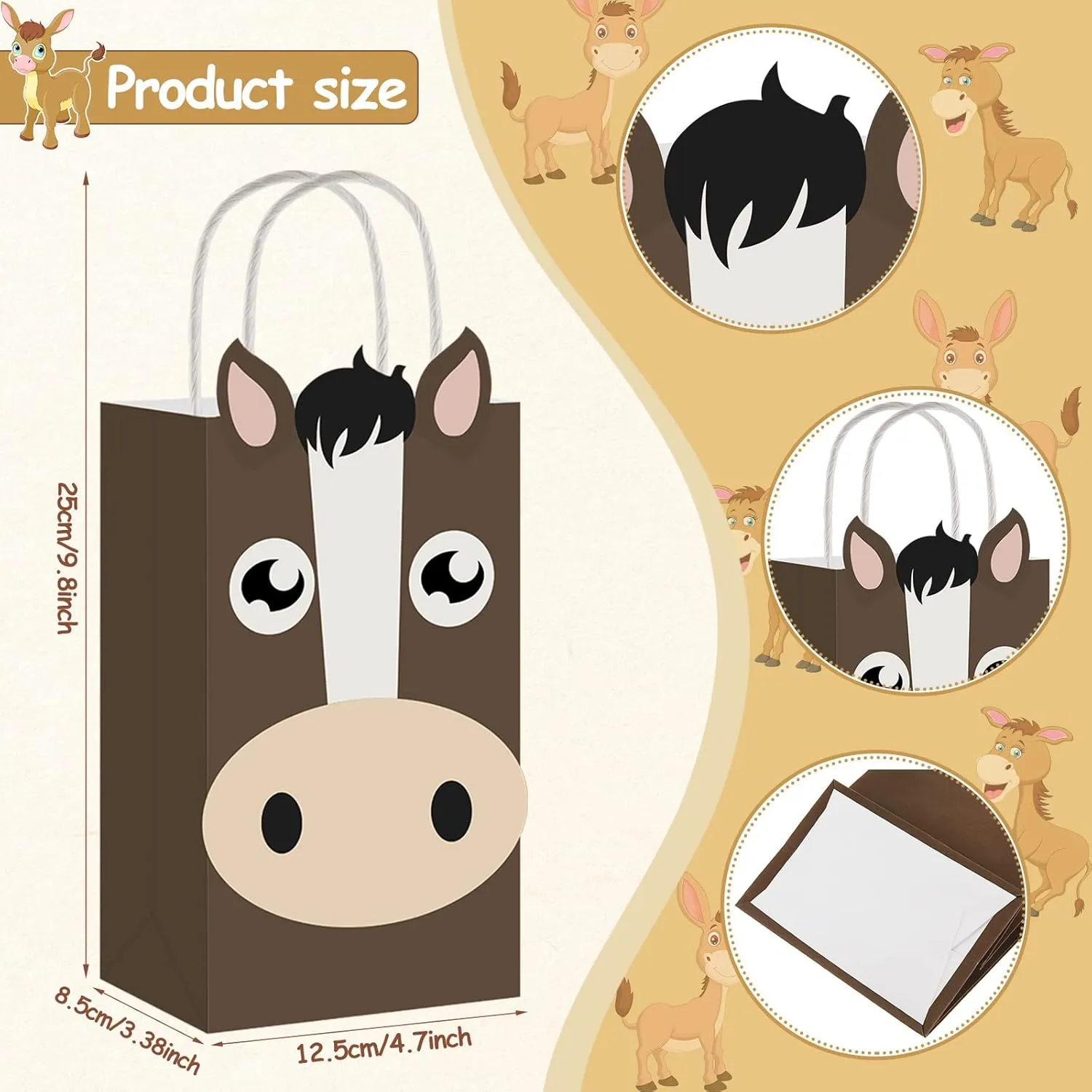 Chinco 12 Pieces Horse Party Favors Treat Bags Brown Western Cowgirl and Farm Supplies Horse Themed Goodie Candy Bags for Party Decoration