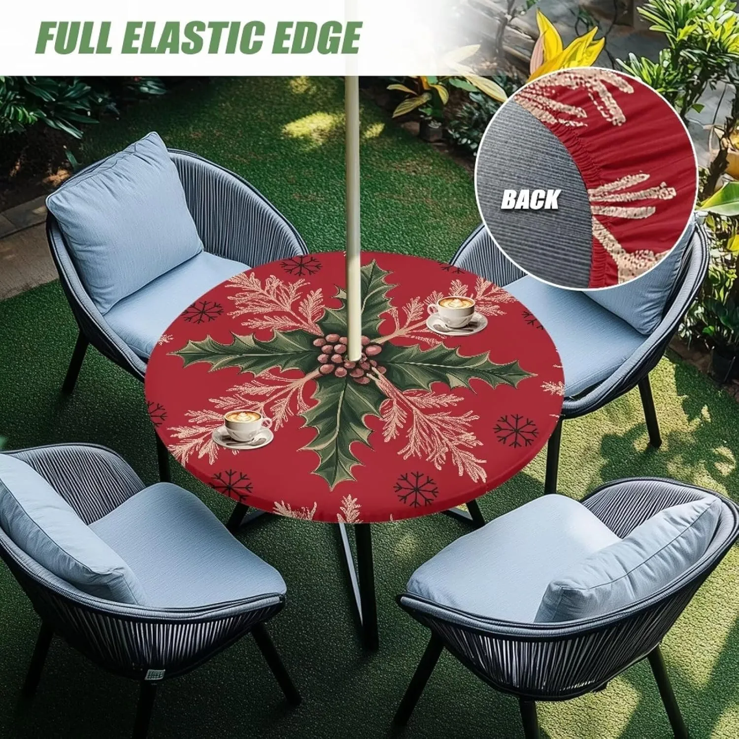Christmas Leaves Outdoor Round Tablecloth with Umbrella Hole Non Wrinkle Wipeable Table Cloth Hidden Zippered Merry Christmas Table Cover Table Protector