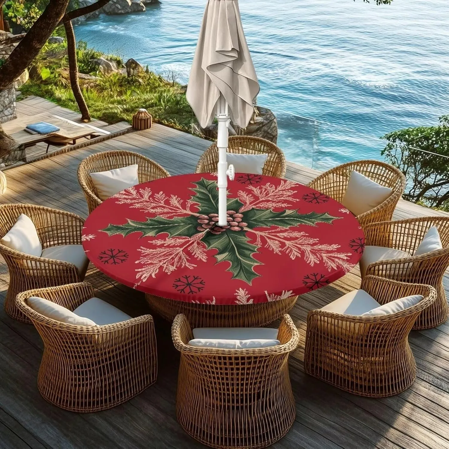 Christmas Leaves Outdoor Round Tablecloth with Umbrella Hole Non Wrinkle Wipeable Table Cloth Hidden Zippered Merry Christmas Table Cover Table Protector