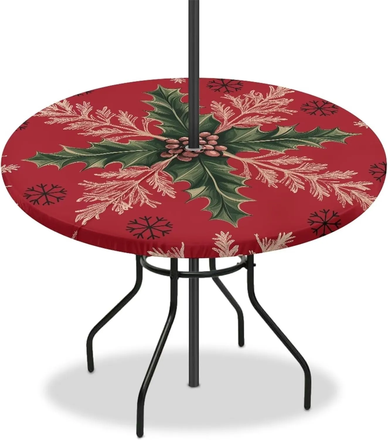 Christmas Leaves Outdoor Round Tablecloth with Umbrella Hole Non Wrinkle Wipeable Table Cloth Hidden Zippered Merry Christmas Table Cover Table Protector