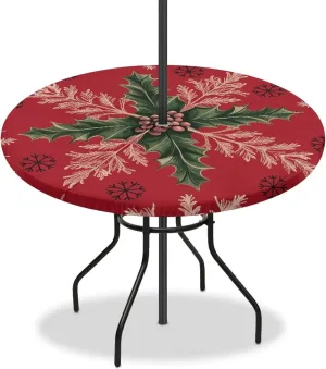 Christmas Leaves Outdoor Round Tablecloth with Umbrella Hole Non Wrinkle Wipeable Table Cloth Hidden Zippered Merry Christmas Table Cover Table Protector