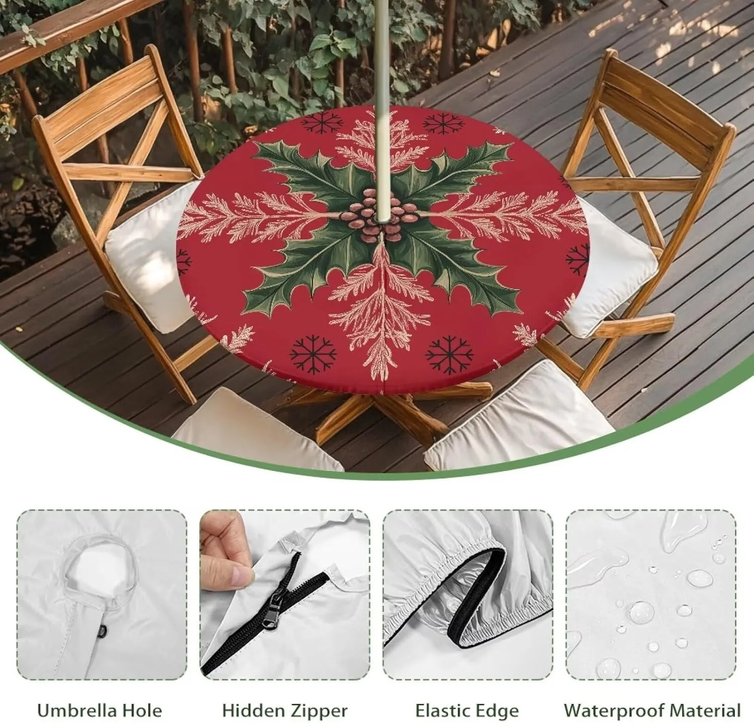 Christmas Leaves Outdoor Round Tablecloth with Umbrella Hole Non Wrinkle Wipeable Table Cloth Hidden Zippered Merry Christmas Table Cover Table Protector