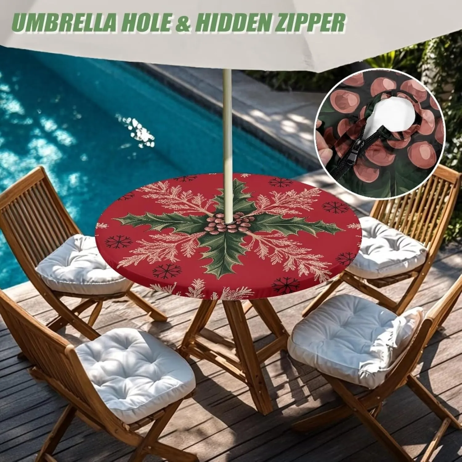 Christmas Leaves Outdoor Round Tablecloth with Umbrella Hole Non Wrinkle Wipeable Table Cloth Hidden Zippered Merry Christmas Table Cover Table Protector