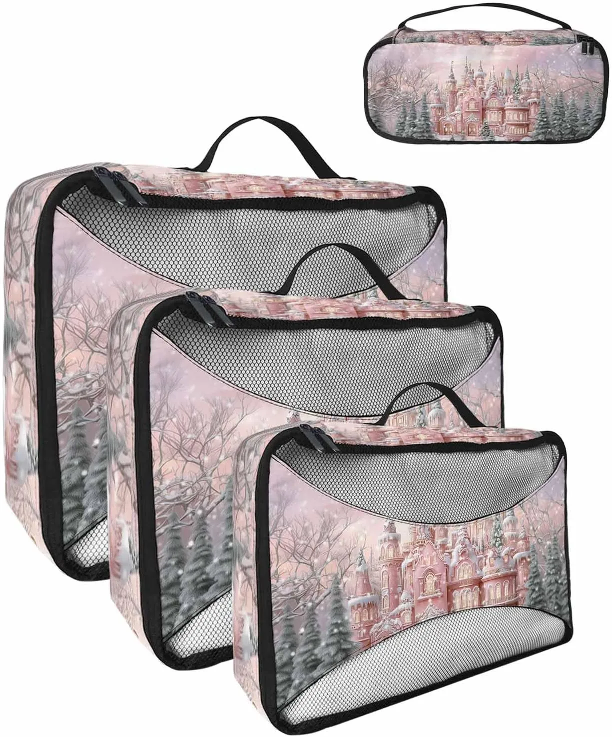 Christmas Peach Castles Pine Trees 4 Set Packing Cubes, Winter Snow Scenery Pastoral Packing Cubes for Carry on Suitcase Travel Essential Bag for Clothes Shoes Cosmetics Toiletry