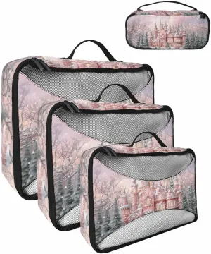 Christmas Peach Castles Pine Trees 4 Set Packing Cubes, Winter Snow Scenery Pastoral Packing Cubes for Carry on Suitcase Travel Essential Bag for Clothes Shoes Cosmetics Toiletry