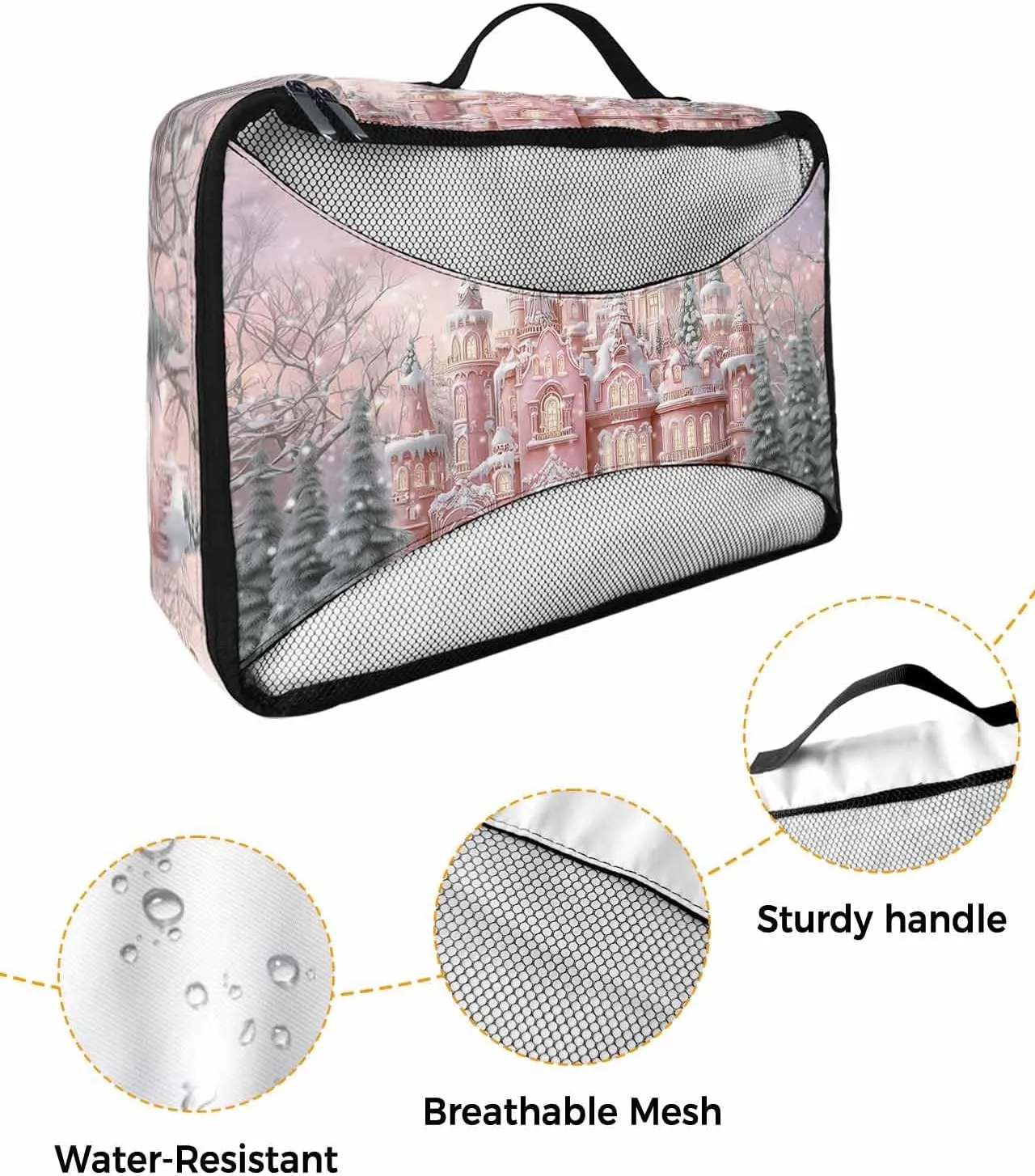 Christmas Peach Castles Pine Trees 4 Set Packing Cubes, Winter Snow Scenery Pastoral Packing Cubes for Carry on Suitcase Travel Essential Bag for Clothes Shoes Cosmetics Toiletry
